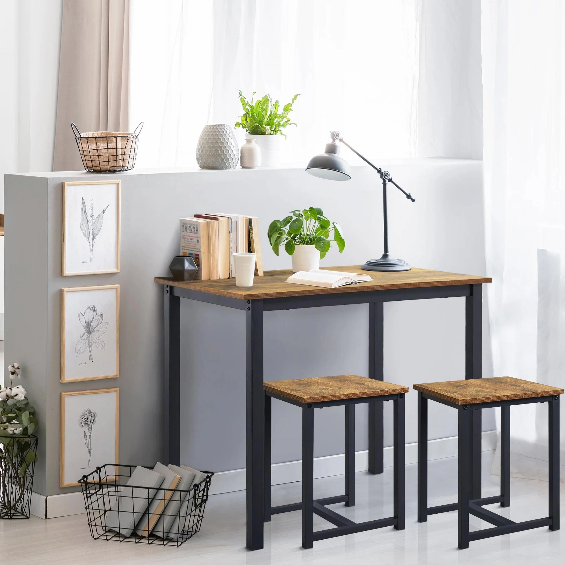 Yaheetech Zestaw Stołów Barowych z 2 Stołkami 90 x 60 x 75 cm Drewniany Brązowo-Czarny