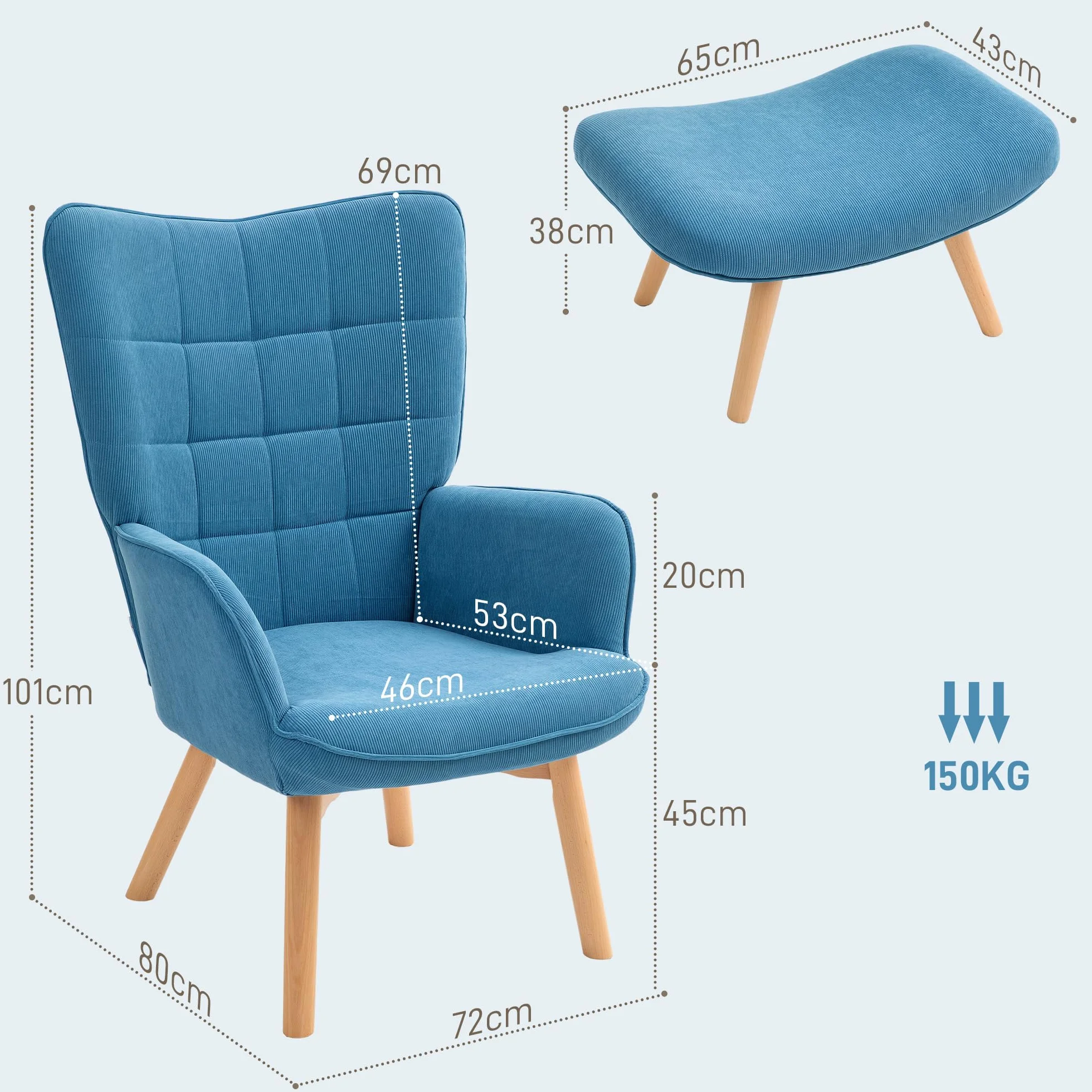HOMCOM fotel z zauszkami z podnóżkiem, fotel typu lounge z efektem żyłkowania, nowoczesny fotel relaksacyjny, fotel z podłokietnikami, fotel do czytania do salonu, sypialni, kolor niebieski