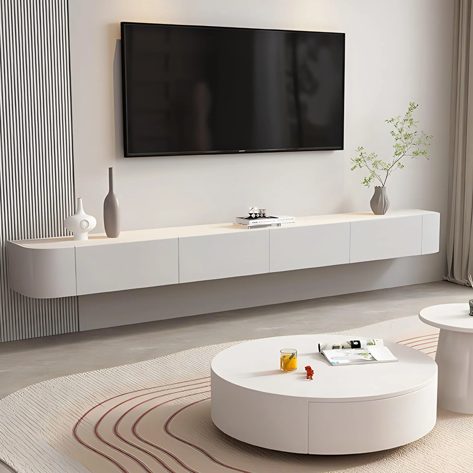 Floating TV Unit Wall Mounted TV Cabinet with 4 Cabinets Wooden Entertainment Media Console Large Storage TV Bench White 200cm