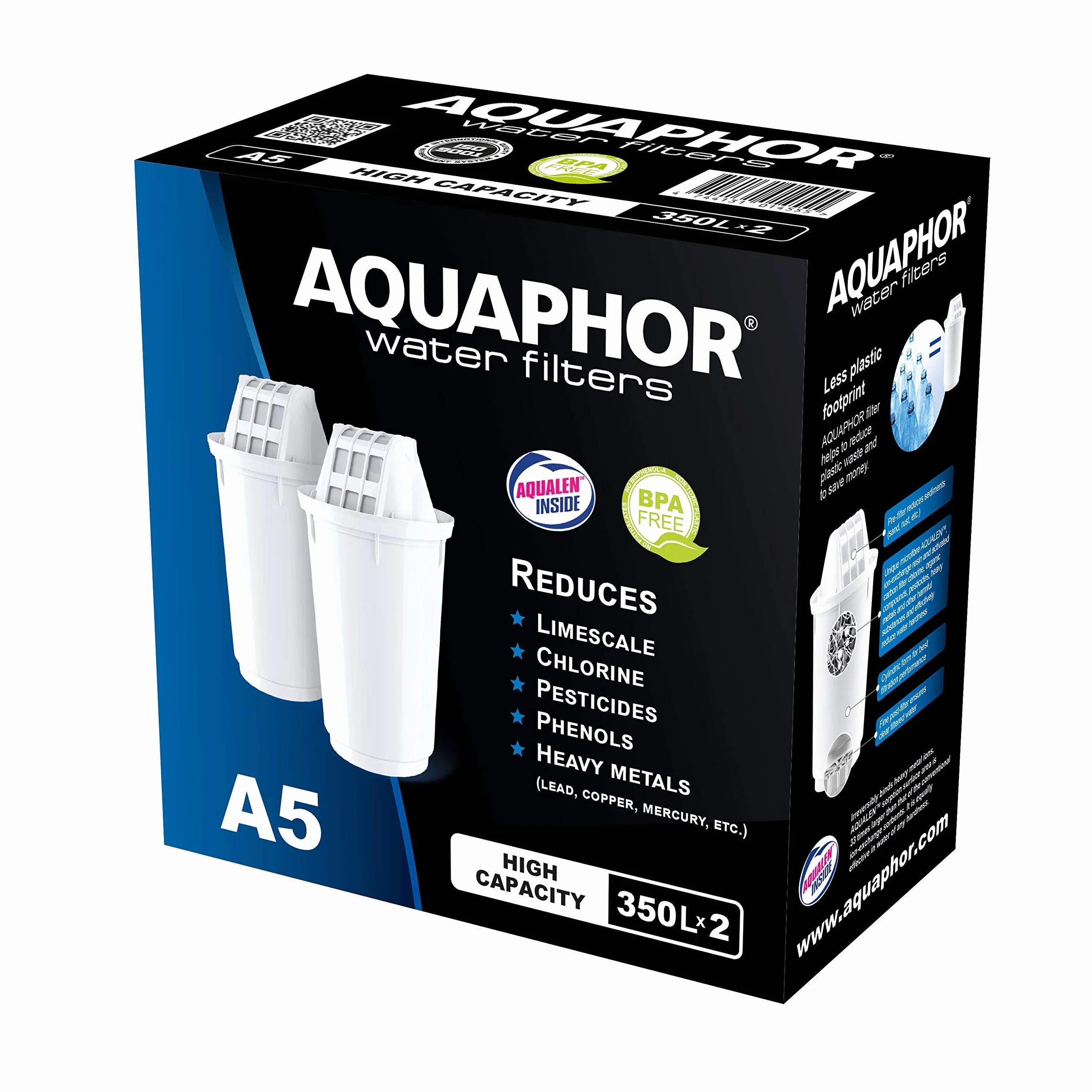 AQUAPHOR Filtr do wody Provence czarny w zestawie z 1 filtrem A5 I karafka na 4,2 l I Duży fiIter o wyglądzie szkła I Redukuje wapno i chlor, filtr do wody stołowej, stylowy pojemnik, idealny dla