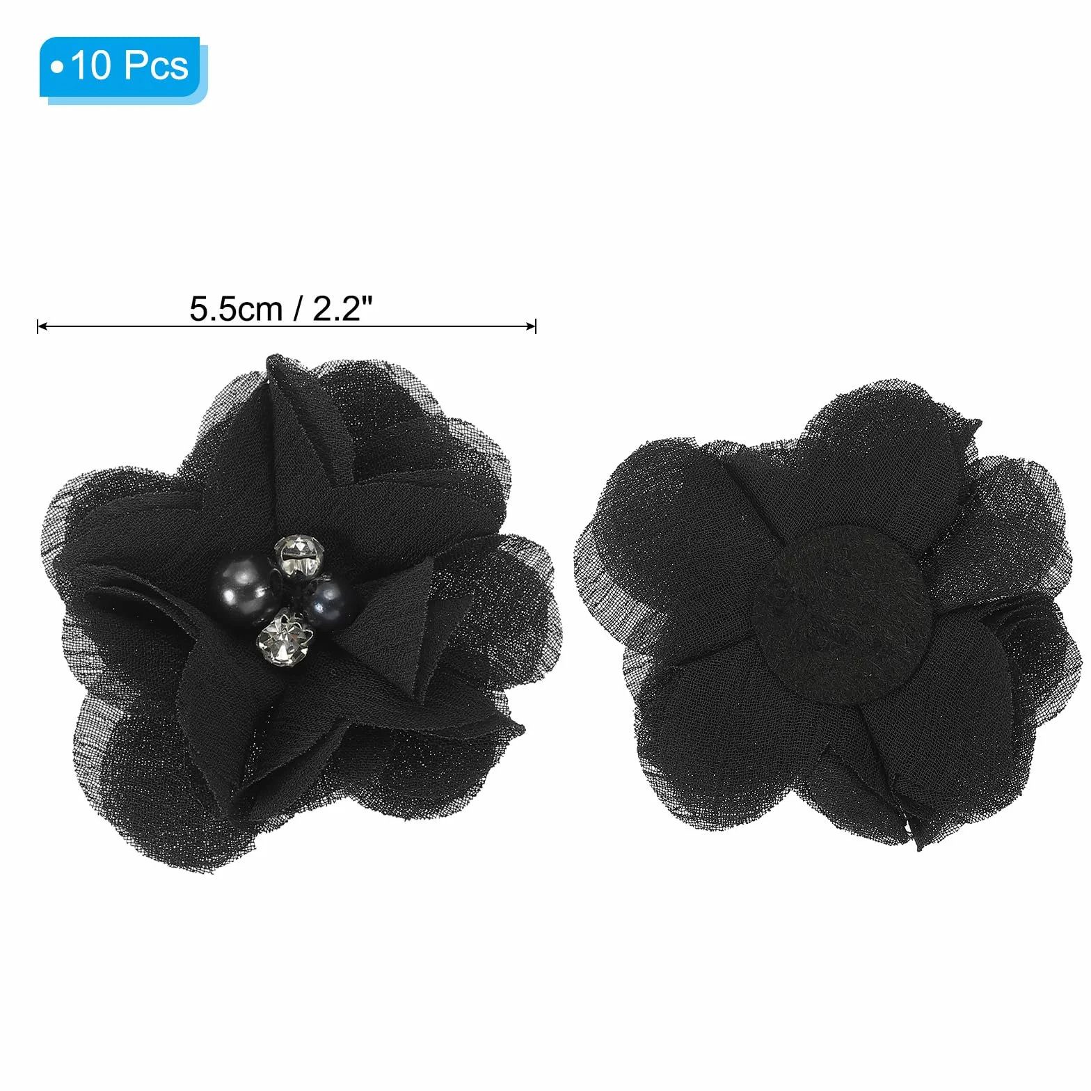 PATIKIL Szyfonowe kwiaty, 5 cm, 10 szt. tkaniny kwiaty, aplikacje do szycia, zdobienia z perłą ze strasu, do samodzielnego wykonania, opaski ślubne, dekoracja imprezowa, czarne
