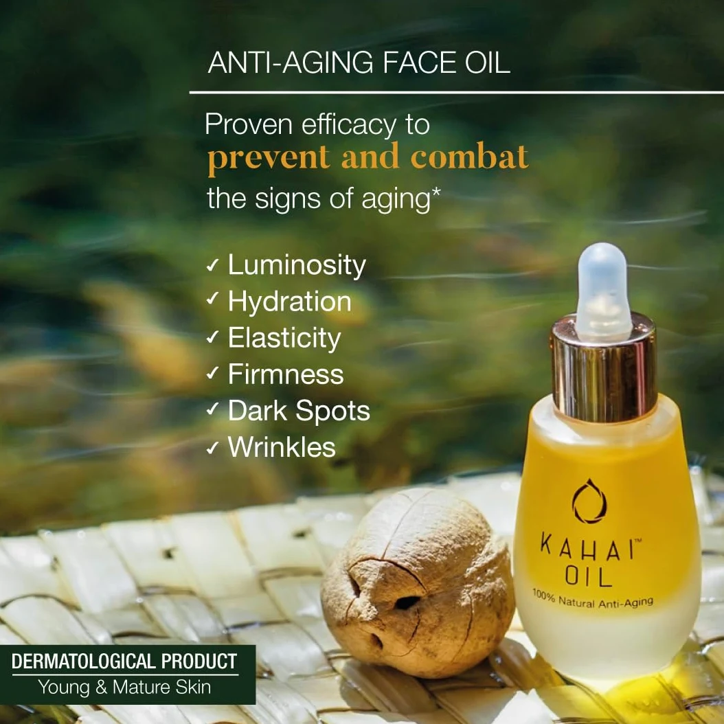 Kahai Olejek – 15 ml – 100% naturalny olejek do twarzy zapobiegający starzeniu się skóry – bogaty w naturalną witaminę E, retinol i kwas linolowy – nawilżający – nadaje skórze promienny blask, bez