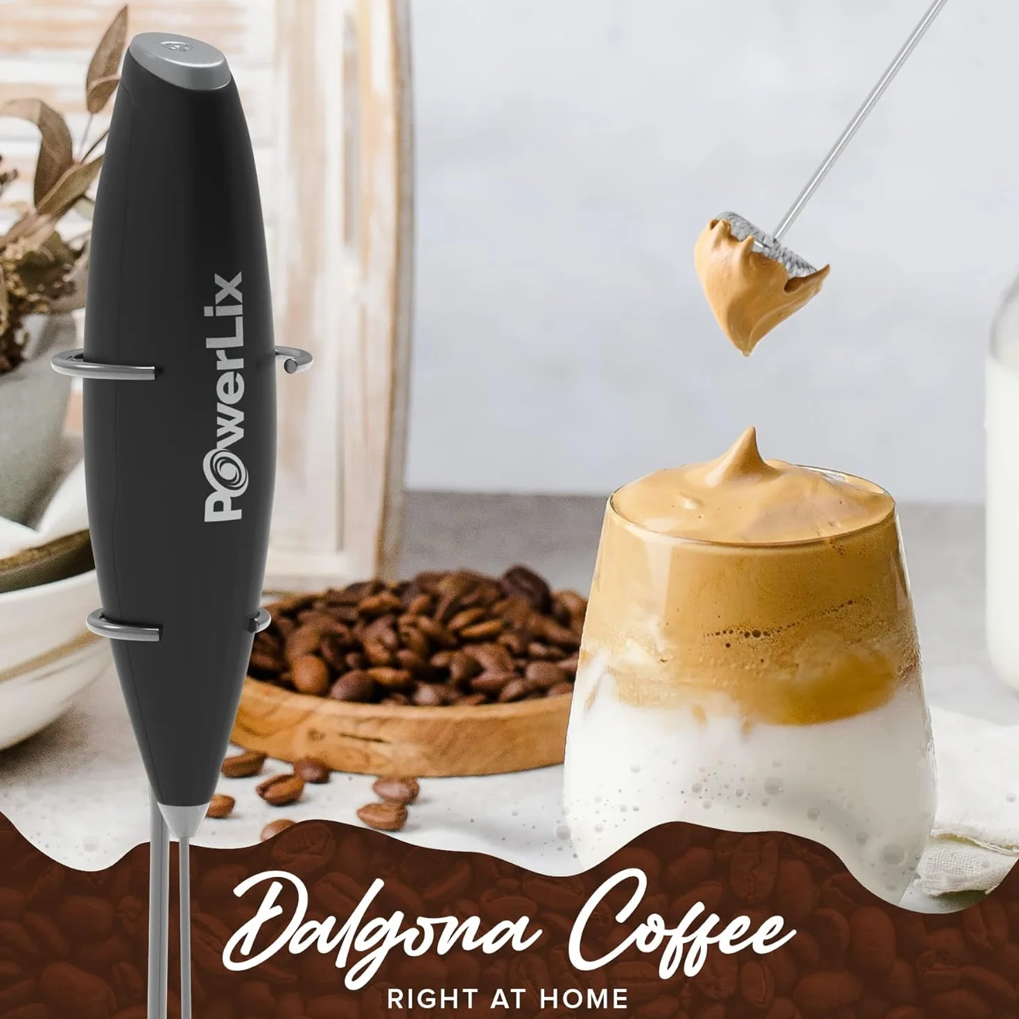 PowerLix Ręczna trzepaczka do mleka, elektryczny spieniacz ze stojakiem ze stali nierdzewnej, 19000 obr./min, mini mikser do kawy latte cappuccino (Czarny)