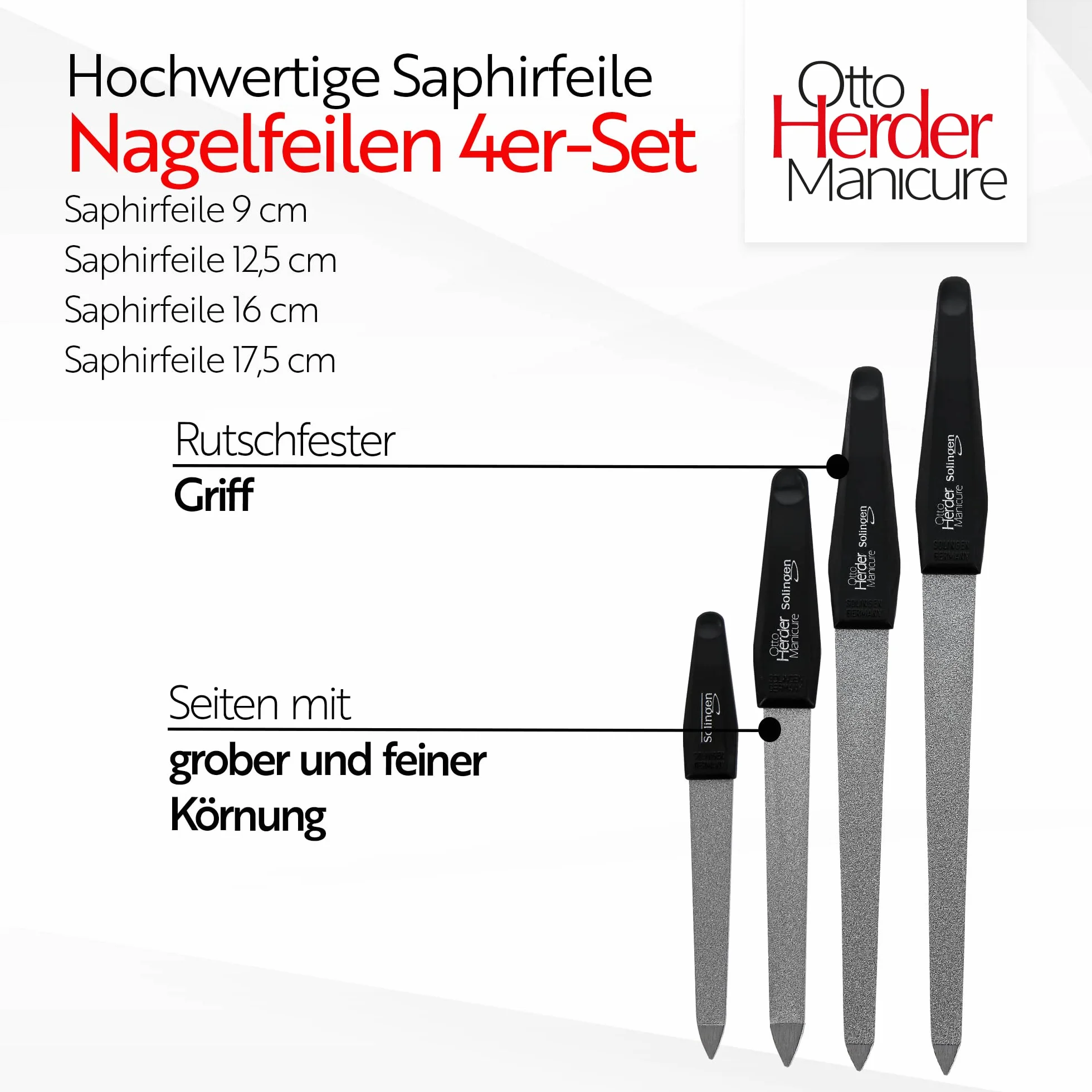Otto Herder manicure Pilnik do paznokci – 4 sztuki pilnik szafirowy Solingen 3.5"/5"/6"/7" z czarnym uchwytem gruby i drobny liść