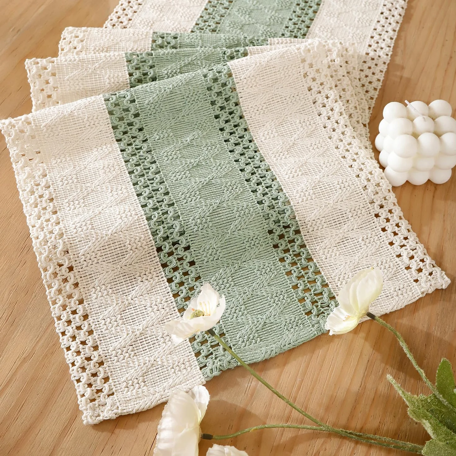 Bieżnik na stół eukaliptusowy 30 x 100 cm bawełna len makrama boho