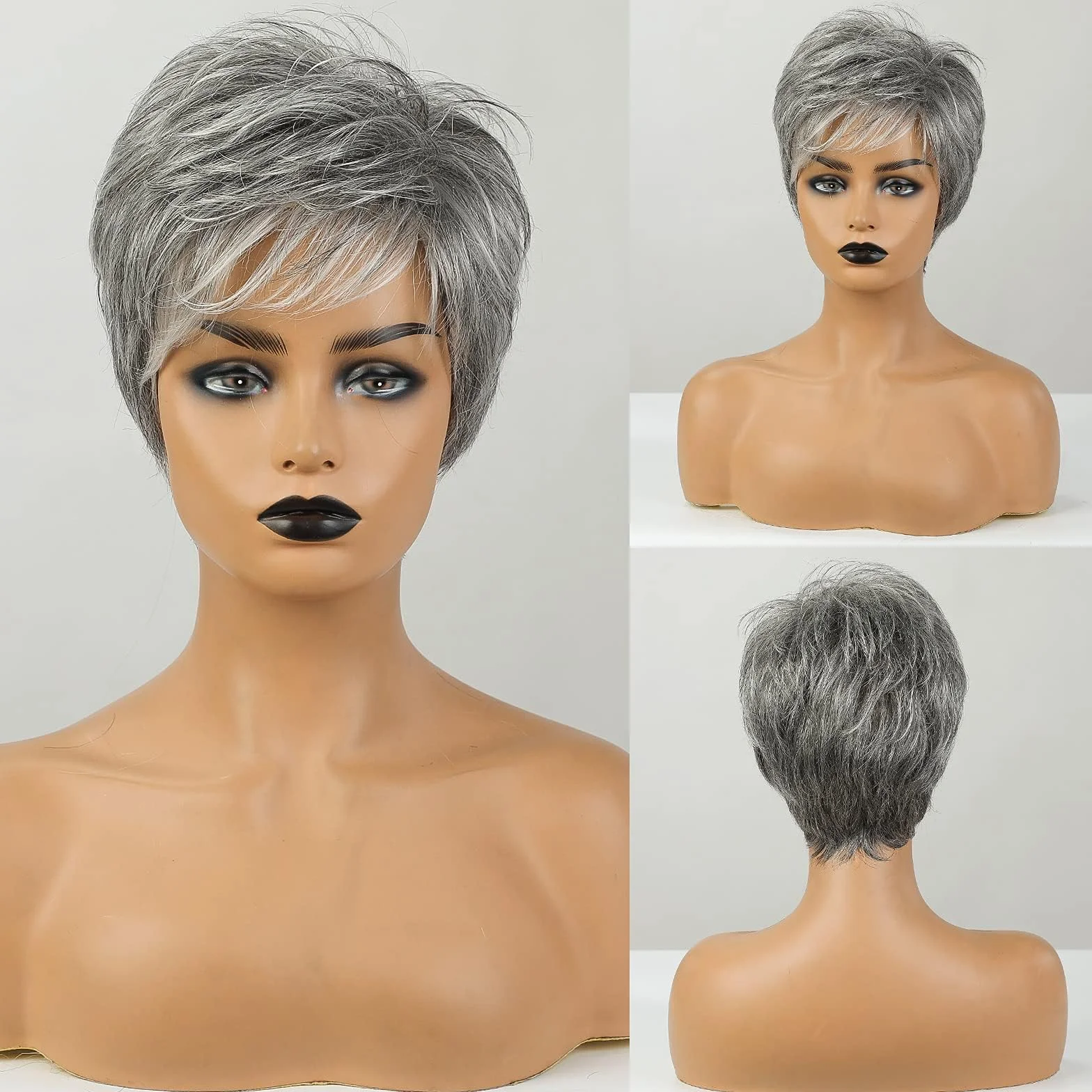 HAIRCUBE Peruka z naturalnych włosów, krótka, ombre, dla kobiet, odporna na wysokie temperatury, siwa do białego, do codziennego użytku