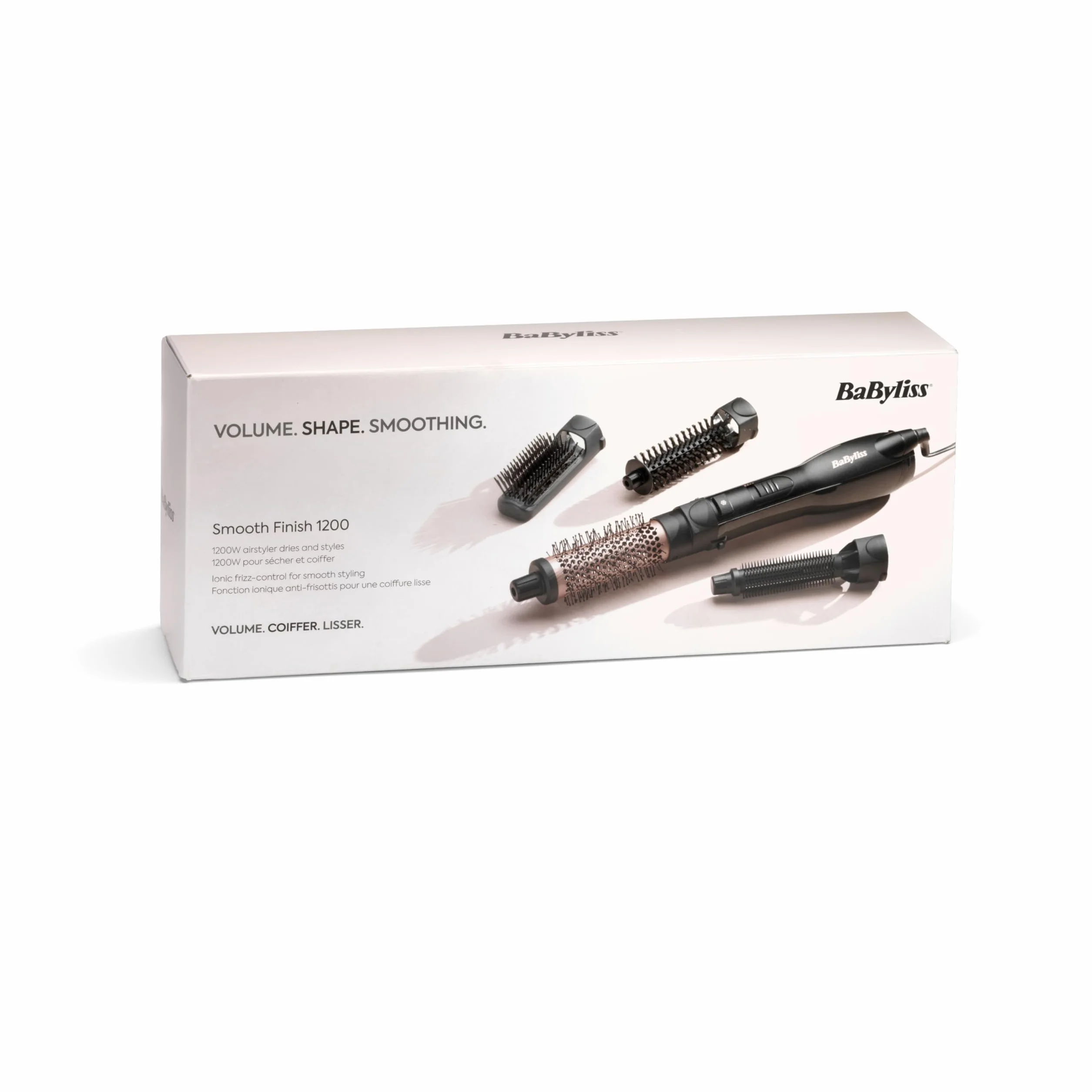 BaByliss Smooth Finish 1200 – Szczotka na Gorące Powietrze 4‑w‑1 do Suszenia, Wygładzania, Modelowania i Nadawania Objętości, Technologia Jonowa & Ceramiczna, 4 Końcówki, 1200W, Czarny/Różowy, AS122E