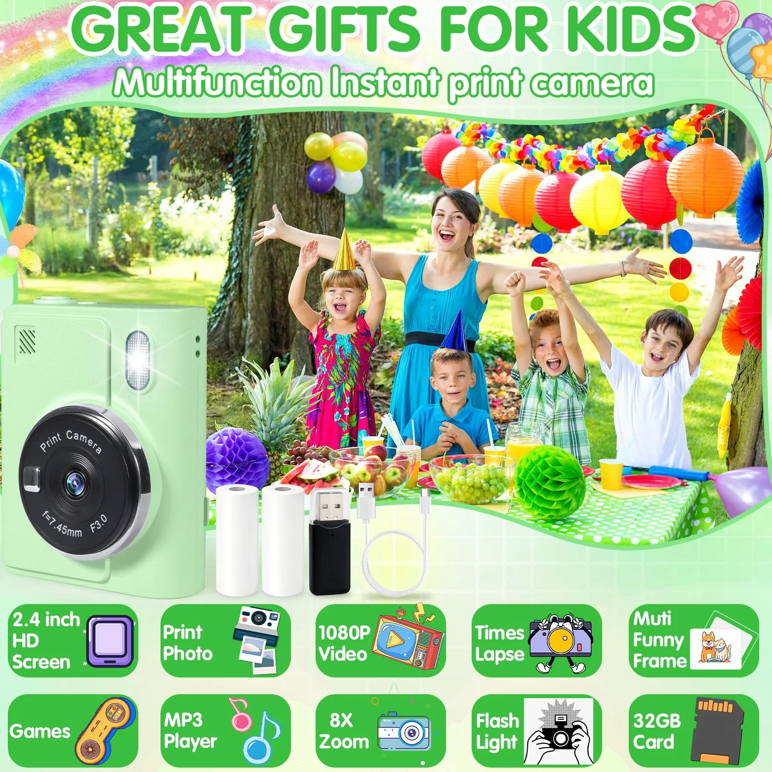 Aparat dla dzieci, natychmiastowy aparat fotograficzny z kartą 32 G i papierem fotograficznym, 2,4 cala, aparat cyfrowy 1080p HD, dla dzieci, zielony