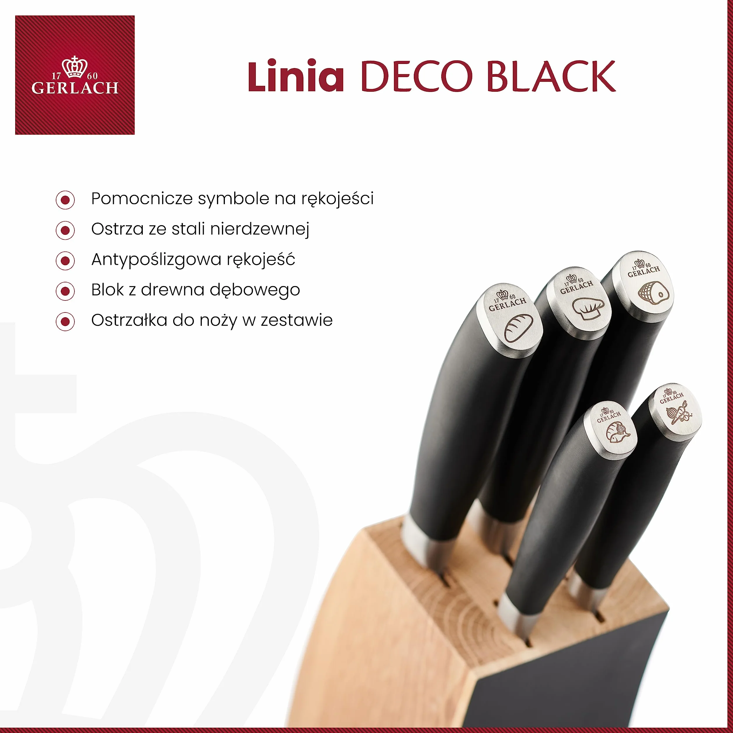 Gerlach Deco Black Zestaw Noży w Bloku, Czarny/Srebrny/Brązowy, 6 Sztuk