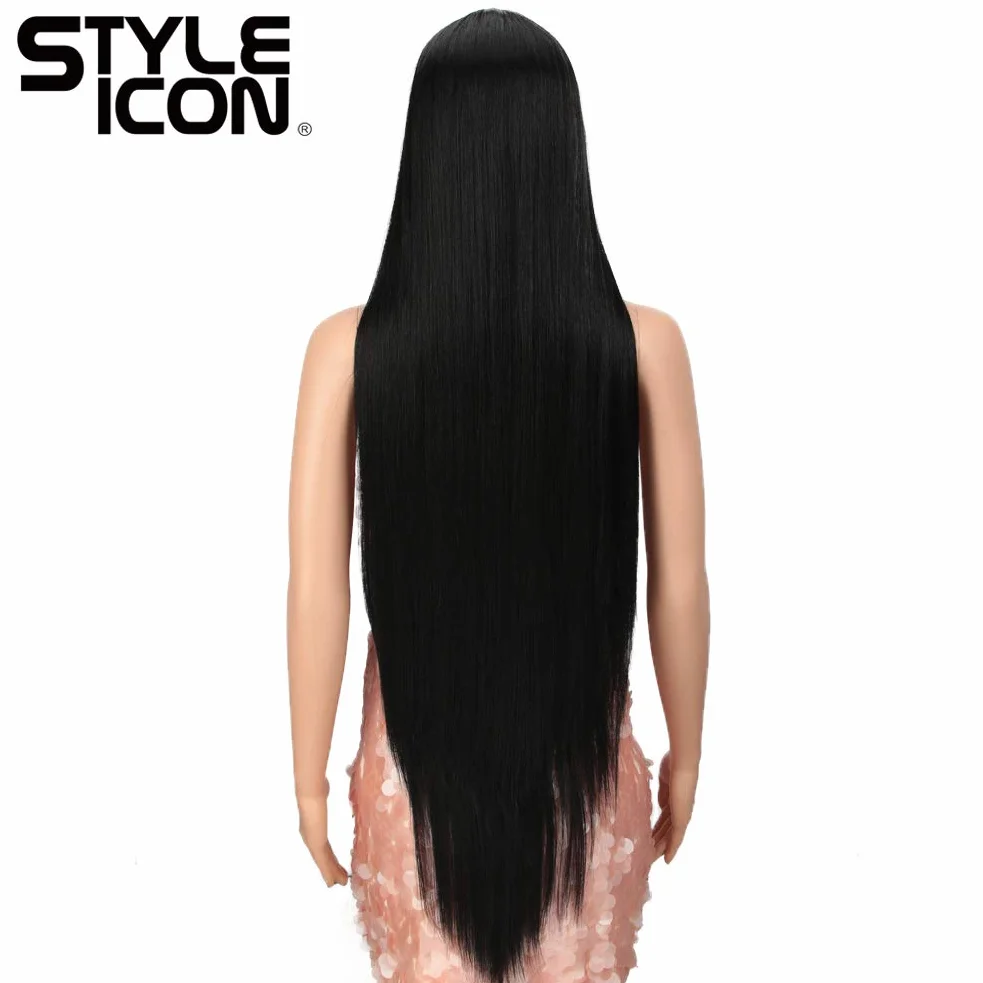 Style Icon Peruka 96,5 cm, bardzo długa, prosta koronka z przodu dla kobiet, syntetyczna koronka z przodu, środkowy przedziałek, peruka koronkowa, 150% gęstości (1B)
