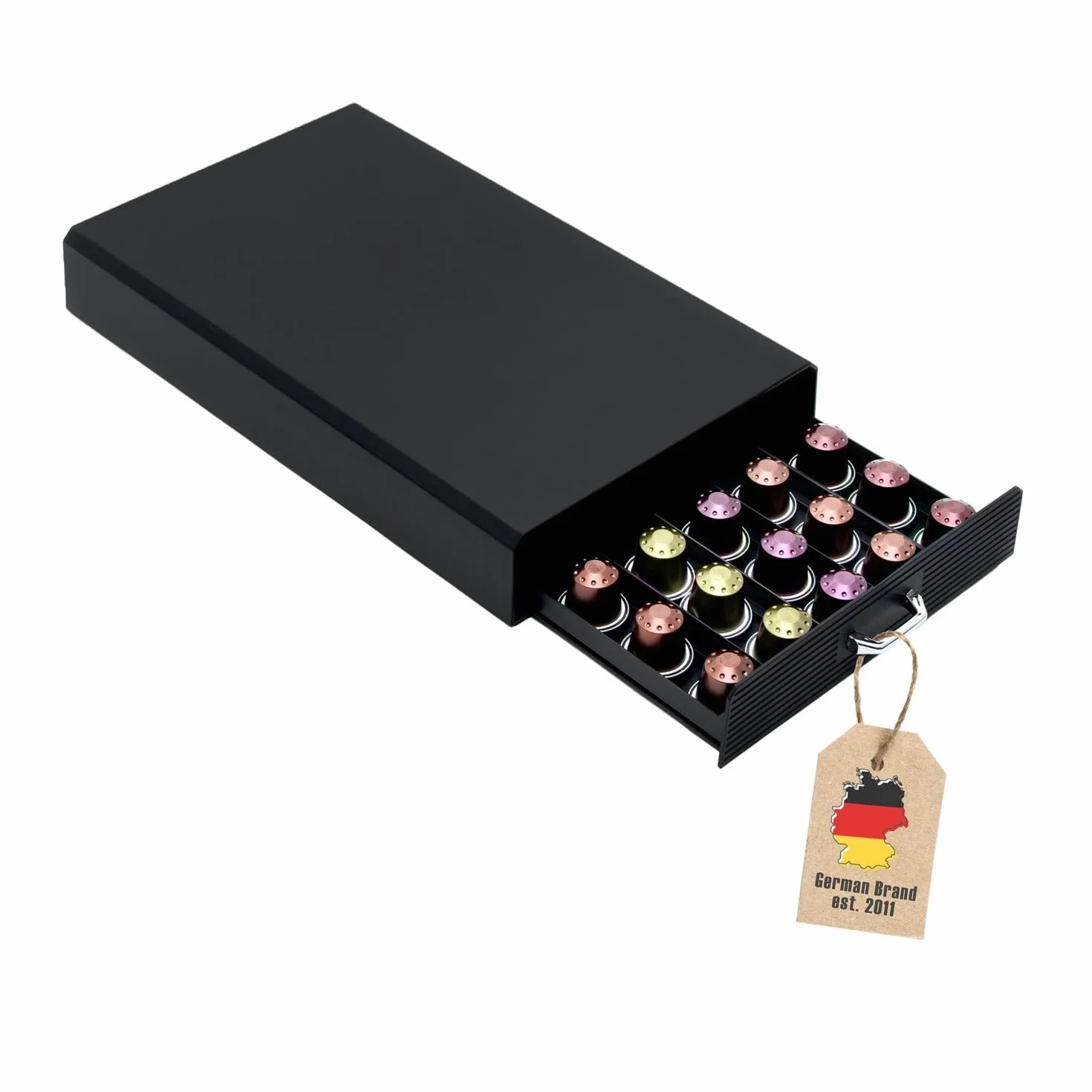 Szuflada Intirilife na 50 kapsułek kawy- Kompatybilna z kapsułkami Nespresso -38.2 x 23.2 x 5,6 cm- Szuflada na kapsułki Pudełko do przechowywania w kolorze czarnym Ekspres na kapsułki