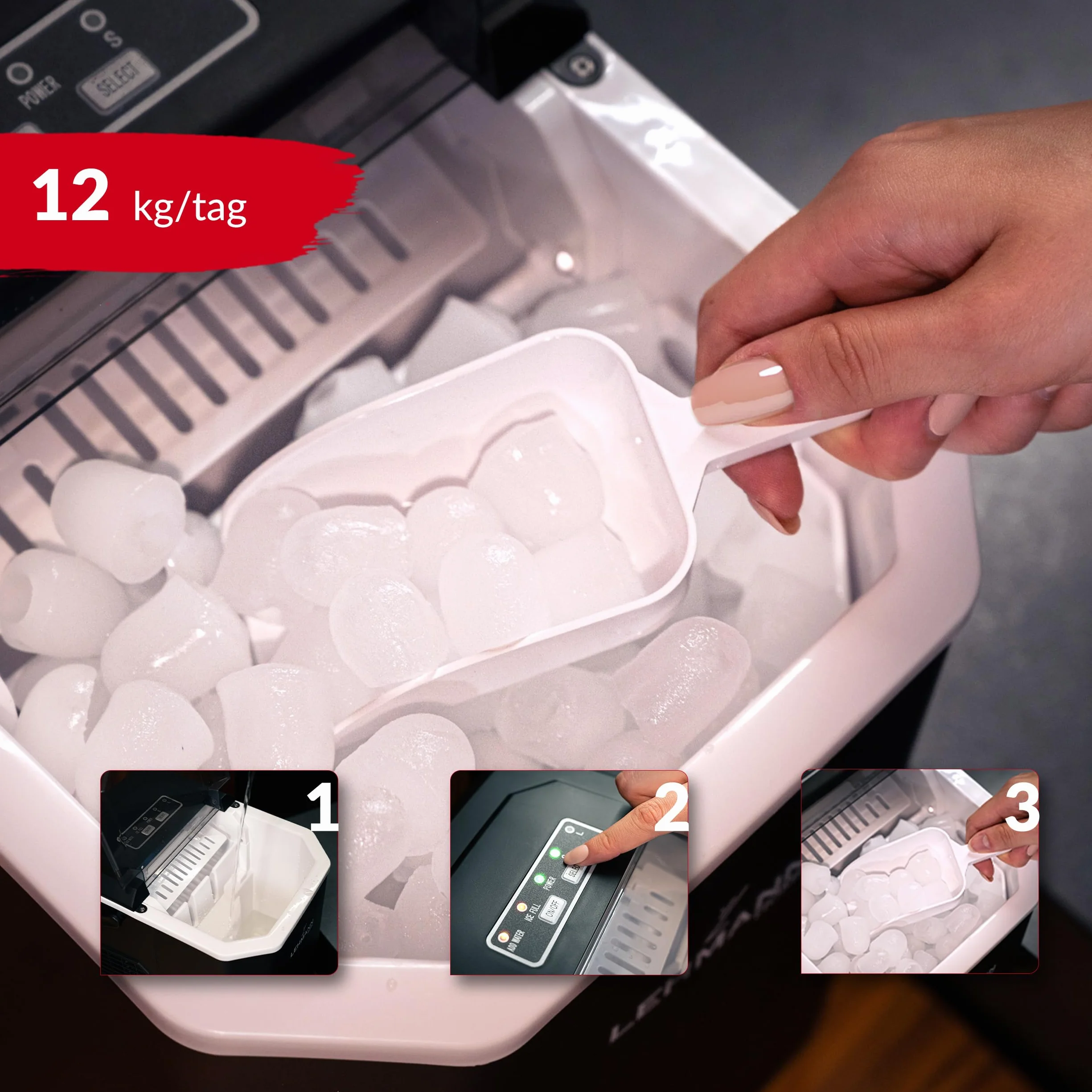 Lehmann Frosty – Kostkarka do Lodu 12kg/24h, Cicha, Kompaktowa, Automatyczne Czyszczenie, Regulacja Rozmiaru Kostek, Timer – Idealna do Domu i na Imprezy