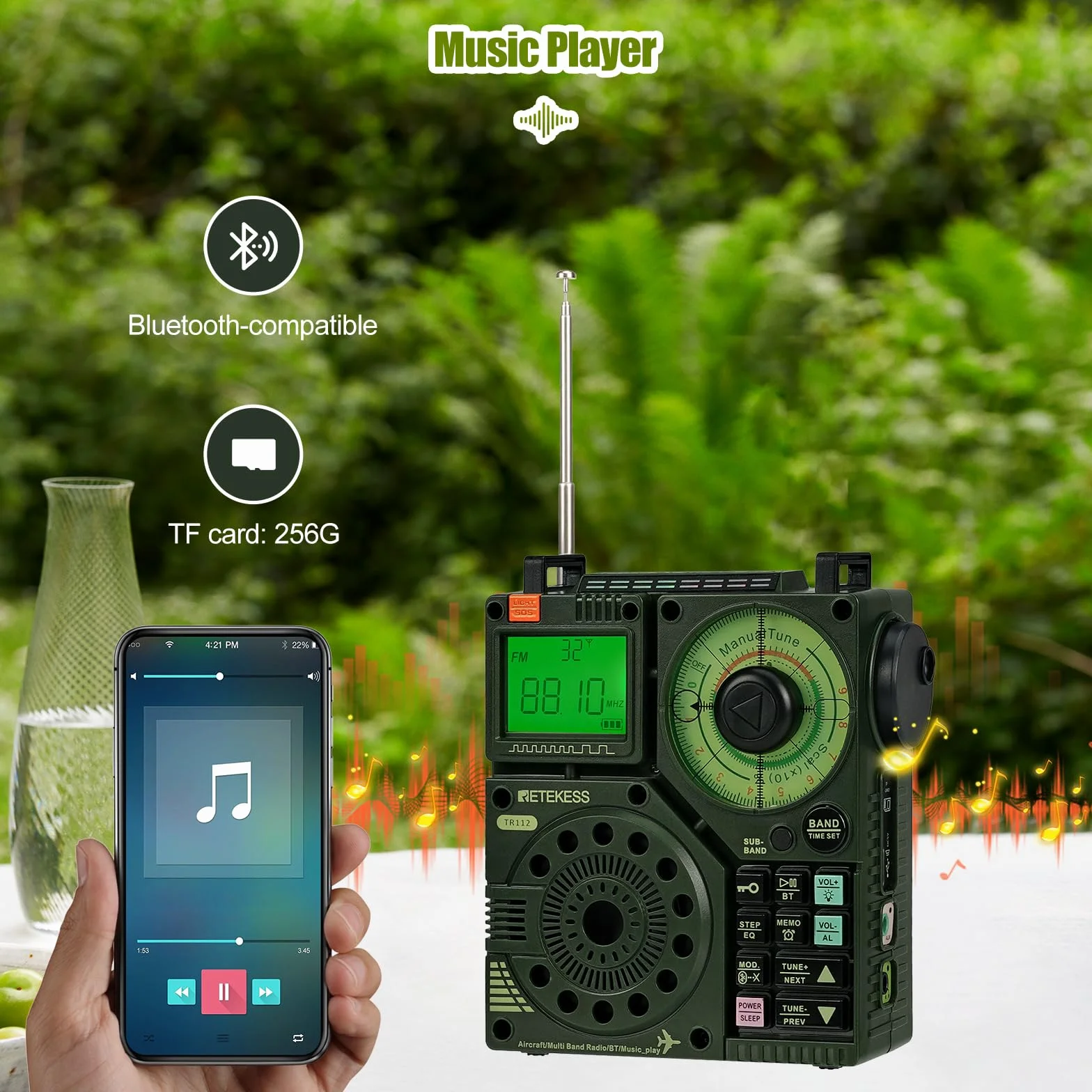 Retekess TR112 krótkofalowe radio, FM VHF SW AIR Band przenośne radio kieszonkowe, obsługa sterowania aplikacją, ładowanie, dźwięk basowy stereo SOS, TF/MP3, odpowiednie dla entuzjastów