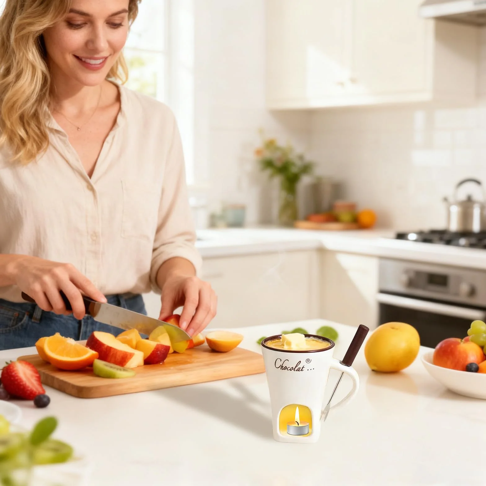 Ceramiczny kubek do fondue czekoladowego 130 ml z widelcem