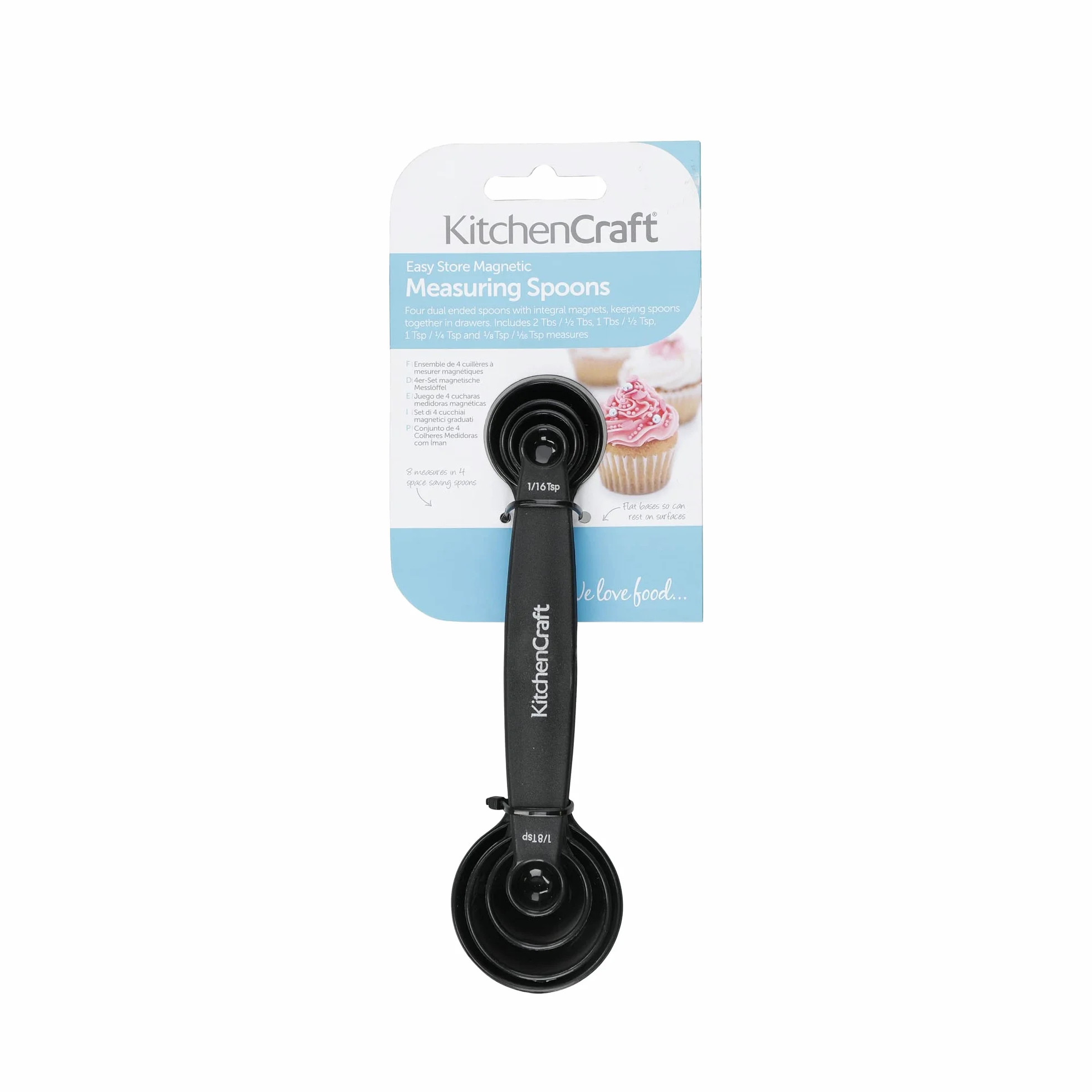 KitchenCraft Zestaw Magnetycznych Miarek w Formie Łyżeczek, 4 Sztuki, Kompaktowe - Kolor Czarny