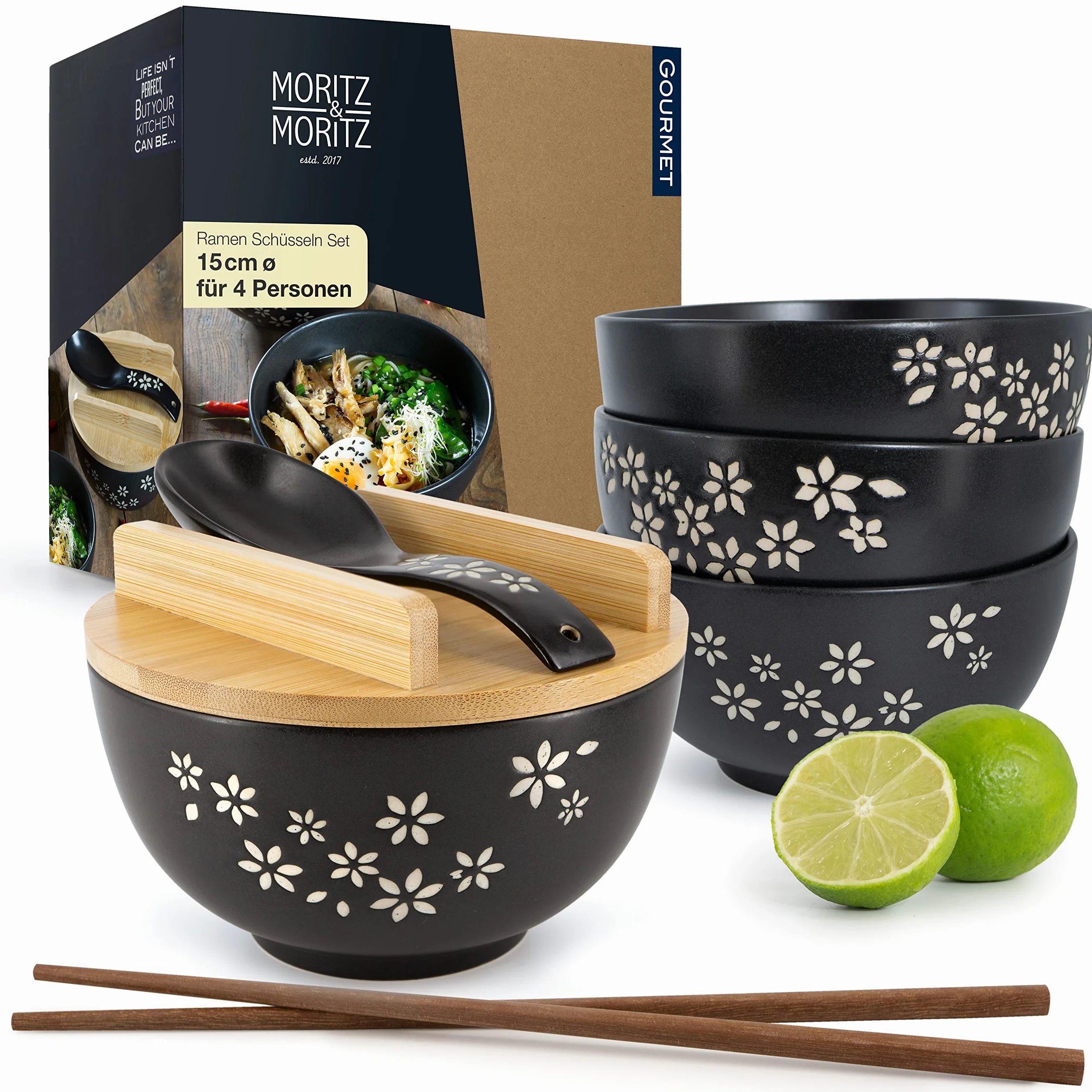 Moritz & Moritz Zestaw 4 ceramicznych misek ramenowych, 600 ml, Ø 15 cm, czarna, dla 4 osób, miska na zupę, Pho i Sushi Bowl, z pałeczkami, pokrywką i łyżką