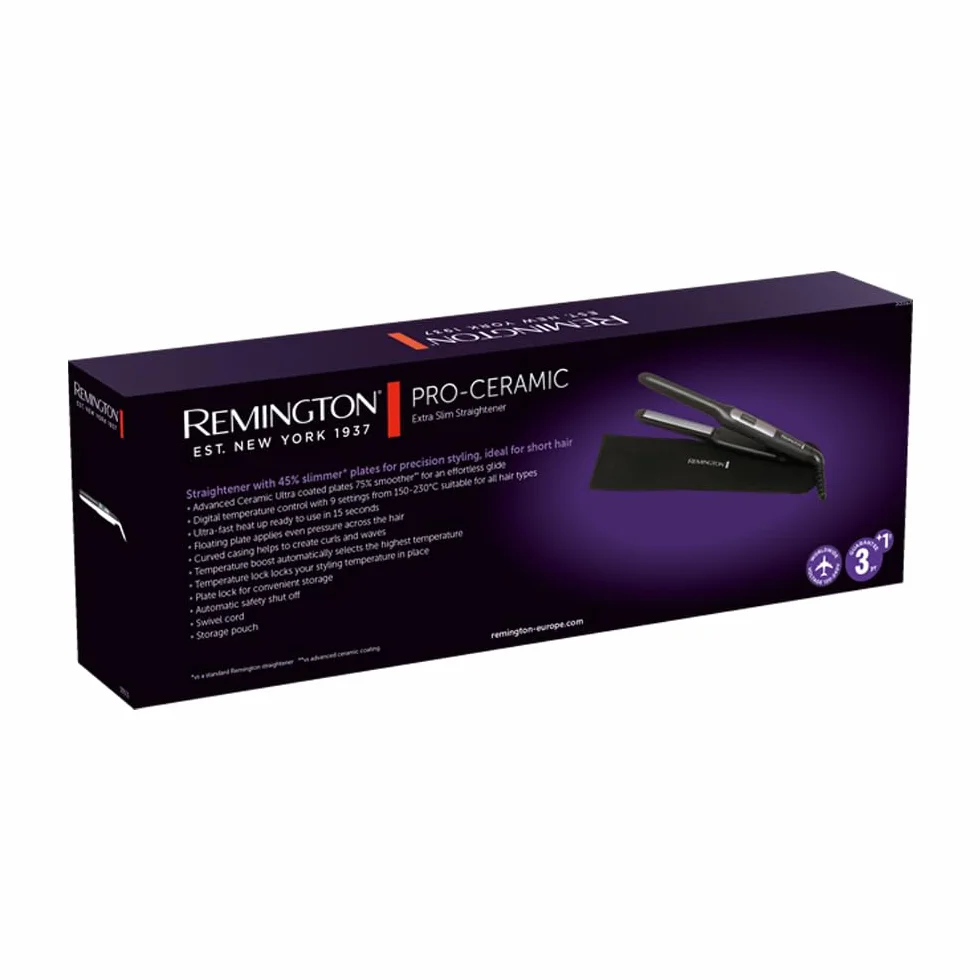 Remington Prostownica do włosów Pro-Ceramic Extra Slim do krótkich włosów, brody i fryzur typu pixie (ruchome płytki, zaawansowana powłoka ceramiczna, 9 ustawień 150-230°C, szybkie nagrzewanie) S5515