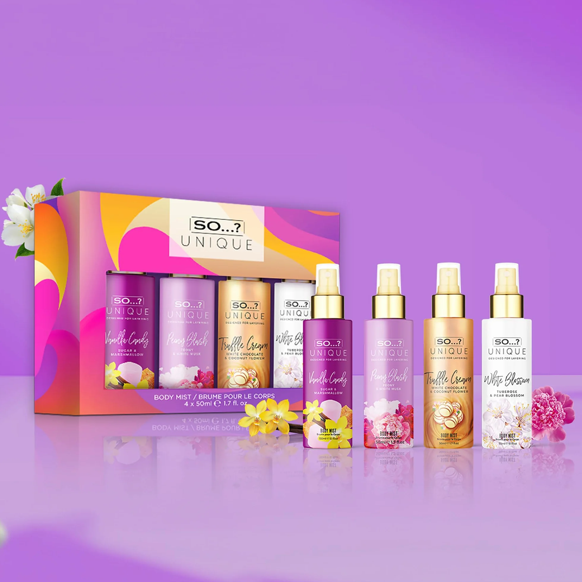 So…? Unikalny damski zestaw upominkowy Mini Mist z cukierkami waniliowymi, groszkiem cukrowym, kremem truflowym i kaszmirem, zestaw zapachowy mgły do ciała (4 x 50 ml)