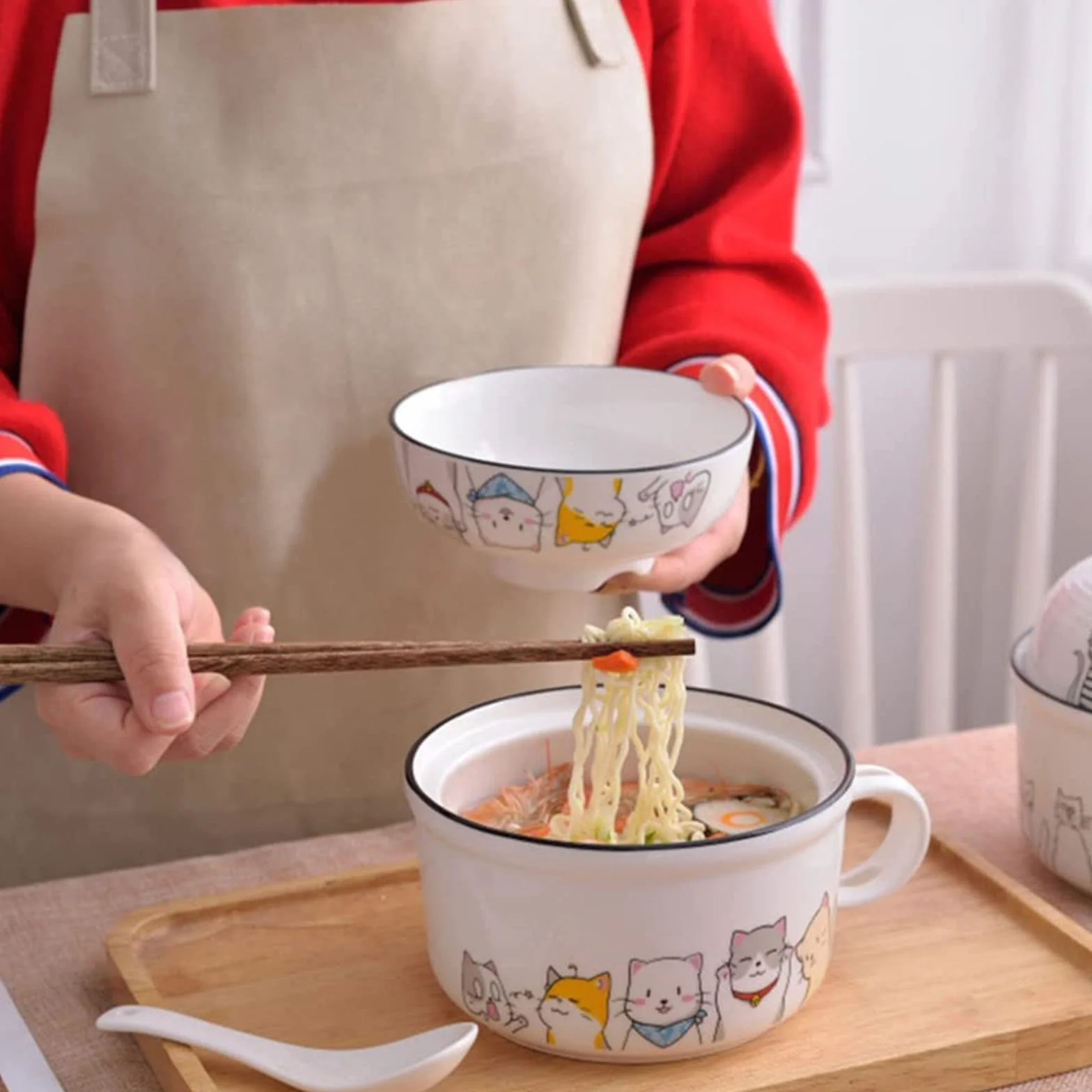 Japońska miska miska miska natychmiastowa miska makaronowa miska ramen miska z pokrywką i łyżką mussile instant makaron miski zupa miska ze stali nierdzewnej miska ryżowa miska kota motyw kota,White