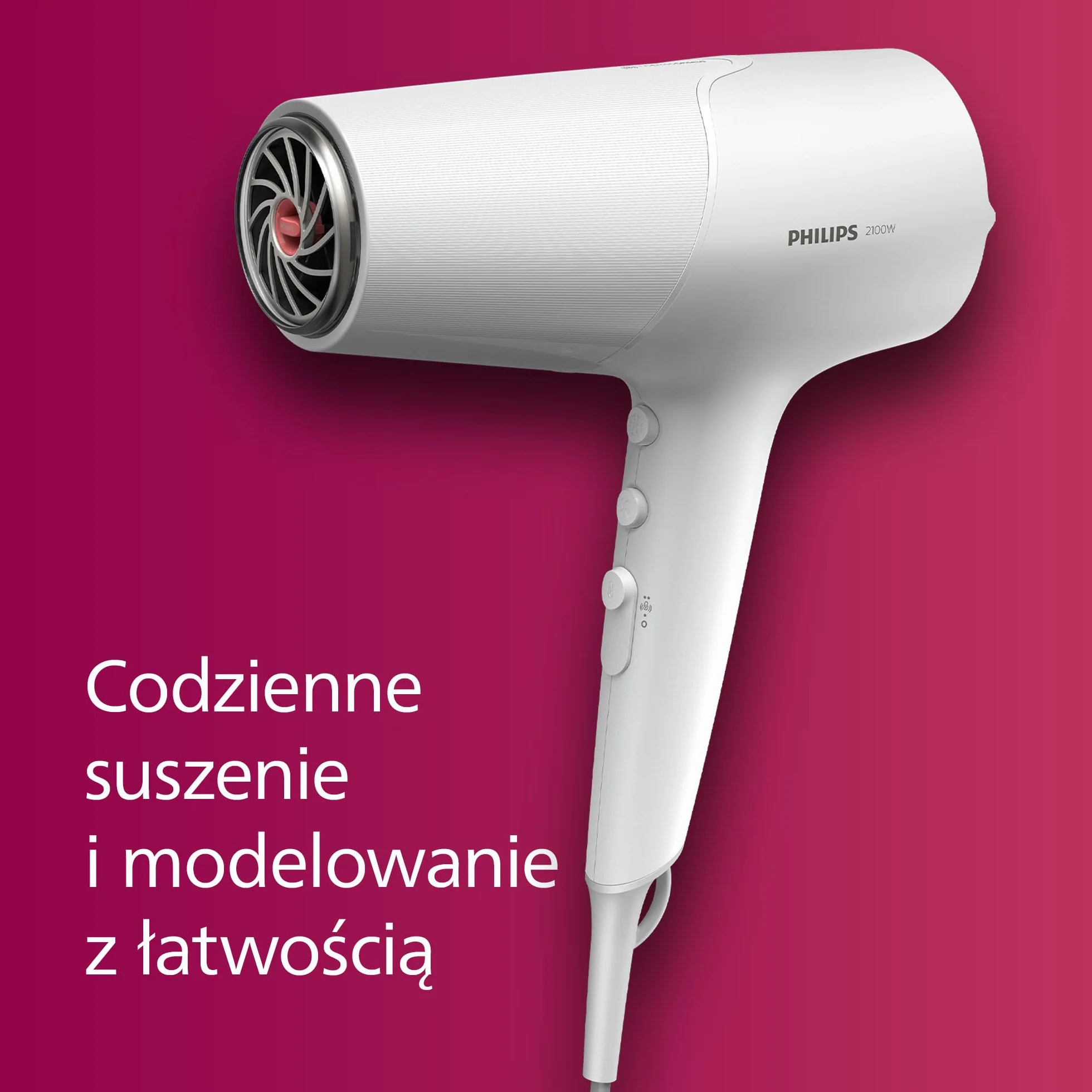 Philips Suszarka do włosów z serii 5000, technologia ThermoShield, jonizacja, 2100 W, biała, z nakładką do stylizacji i dyfuzorem zwiększającym objętość, model BHD500/20