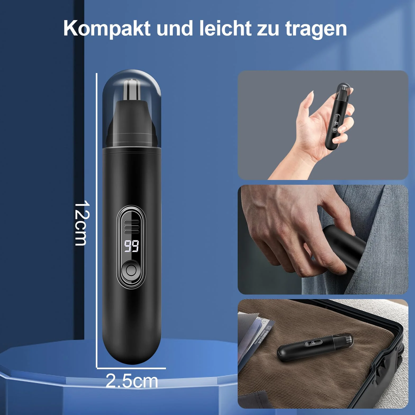 Trymer do włosów w nosie i uszach, akumulatorowa maszynka do strzyżenia włosów w nosie z USB & LCD, depilator do nosa IPX7 usuwa włosy z nosa i uszu, trymer do włosów w nosie dla mężczyzn i kobiet