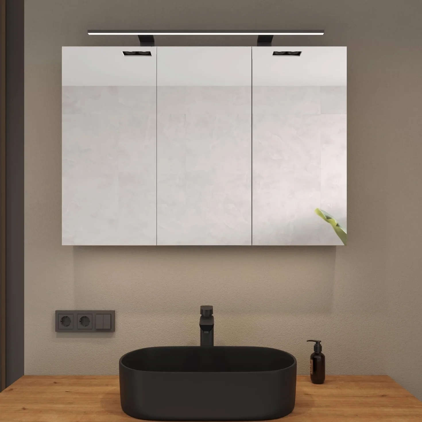 Planetmöbel ARIA Szafka z lustrem i oświetleniem 100 x 70 x 16 cm wisząca szafka łazienkowa Biało szara z gniazdkiem elektrycznym