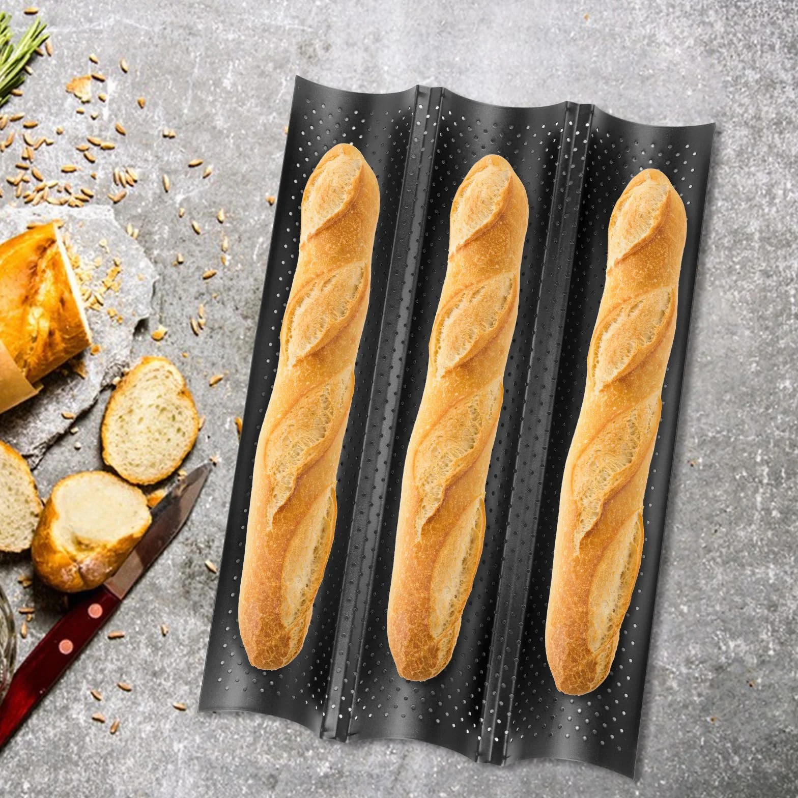 Blacha do pieczenia bagietek ze stali węglowej, forma z 3 wgłębieniami, czarna, 2 sztuki