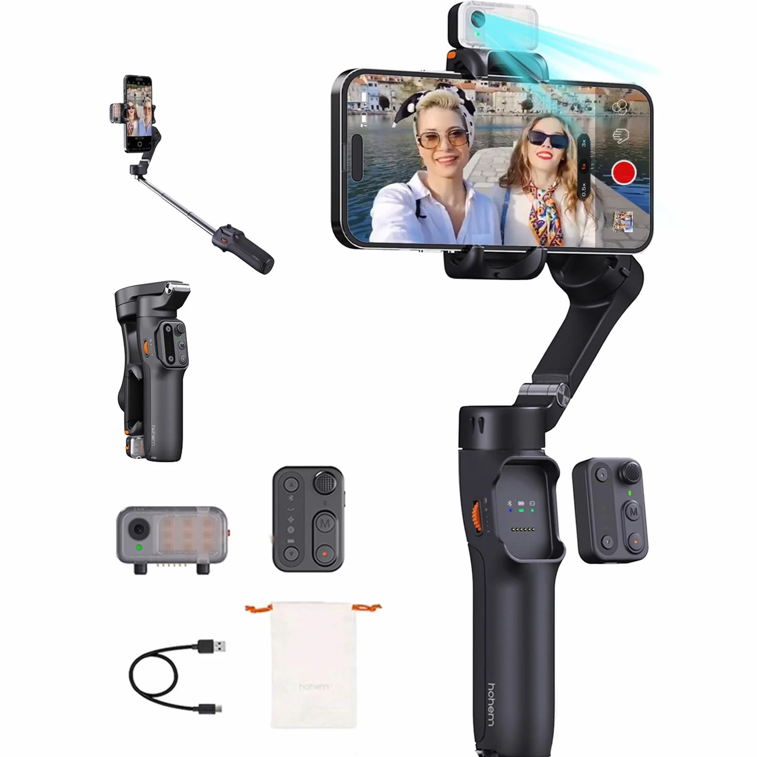 hohem iSteady V3 stabilizator gimbala do smartfona, światło wypełniające AI Tracker, odłączany pilot, wbudowany drążek przedłużający statyw, ulepszony 3-osiowy 3-osiowy składany stabilizator do
