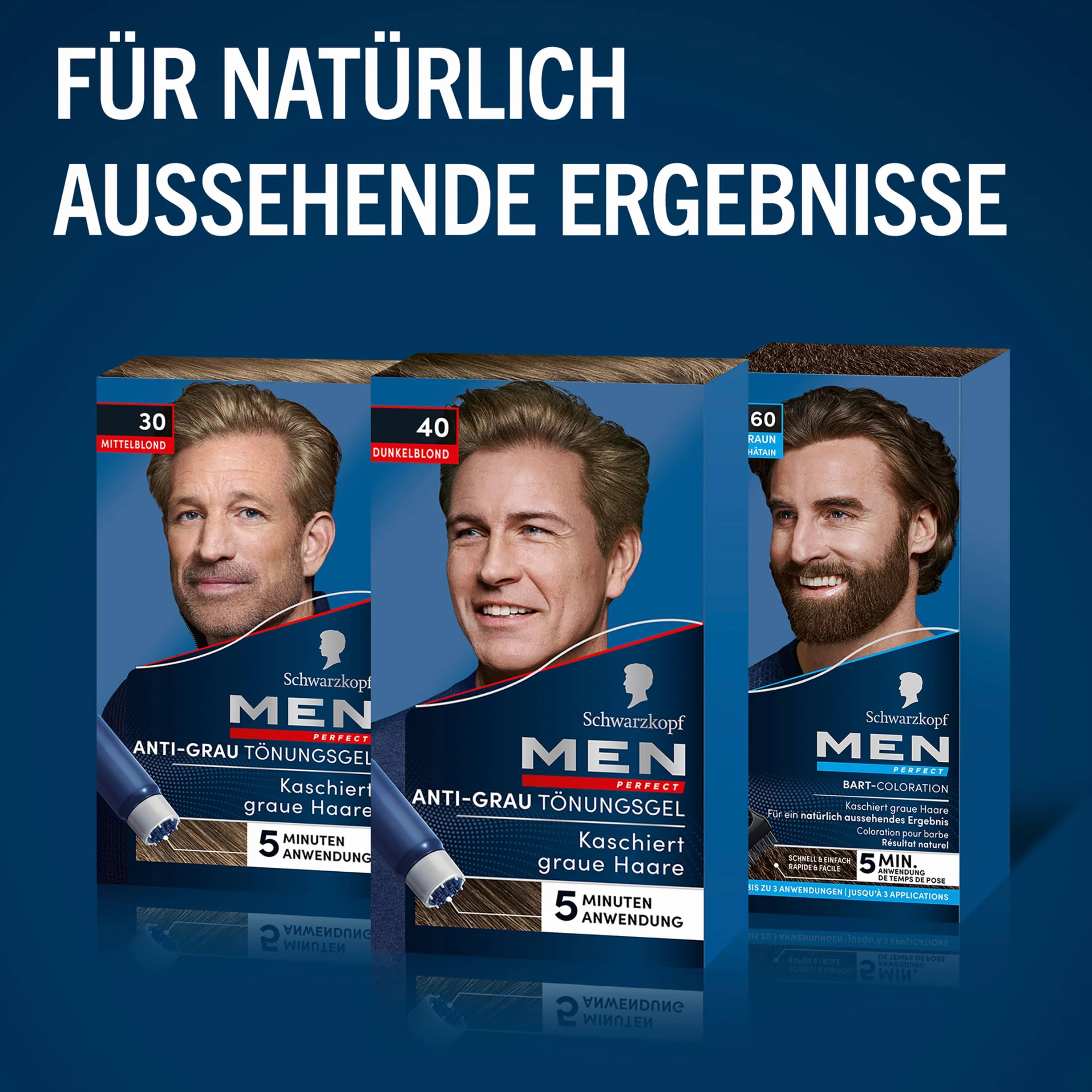 Schwarzkopf Men Perfect Męski odsiwiacz do włosów w żelu, 40 Naturalny Ciemny Blond, trójpak (3 x 80 ml)