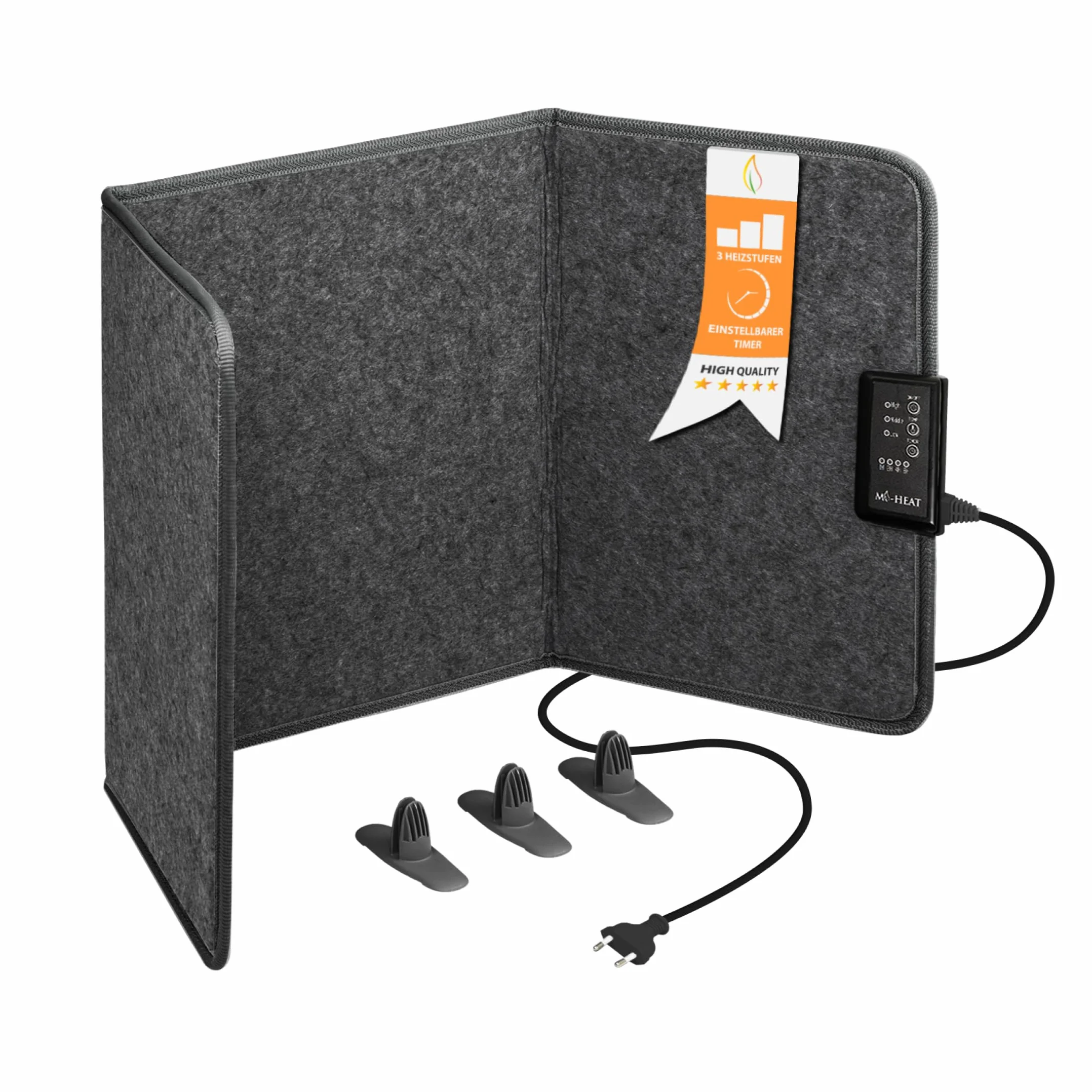 Mi-Heat grzejnik biurkowy na podczerwień panel grzewczy 260W | grzejnik podłogowy do biura biurko stanowisko pracy pod stołem | temperatura do 60°C składany, szary