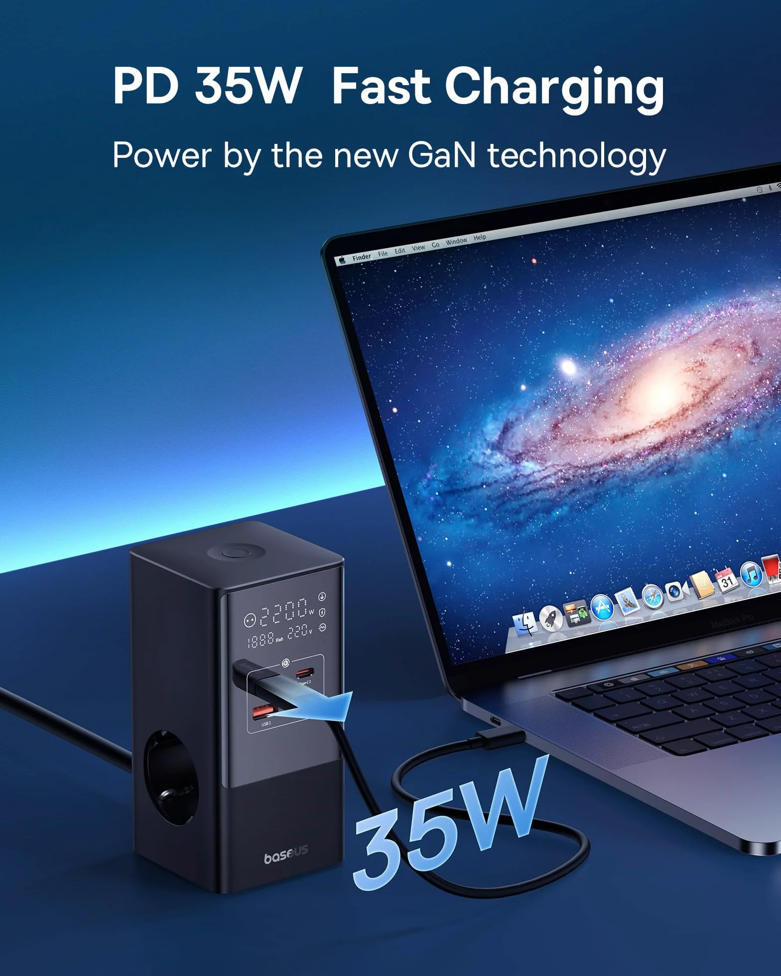 Baseus Listwa zasilająca USB C 35W Ładowarka GaN5 Gniazdo trójdrożne z włącznikiem, 3 AC + 2 USB C + 2 USB A, przenośna ładowarka PD do MacBooka, iPada, iPhone'a 15/14/13/12, Galaxy, gier, domu, biura