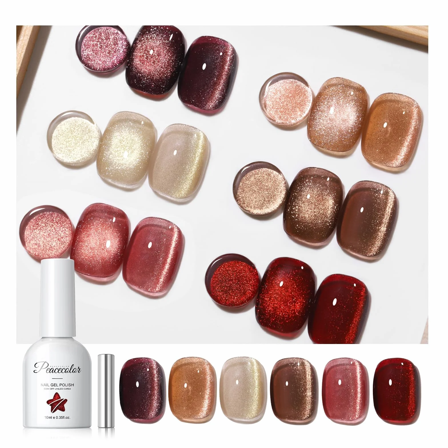 PEACECOLOR 6 sztuk lakieru do paznokci UV Cat Eye czerwony, lakier do paznokci UV z brokatem, żel Cat Eye z magnesem, manicure DIY 10 ml