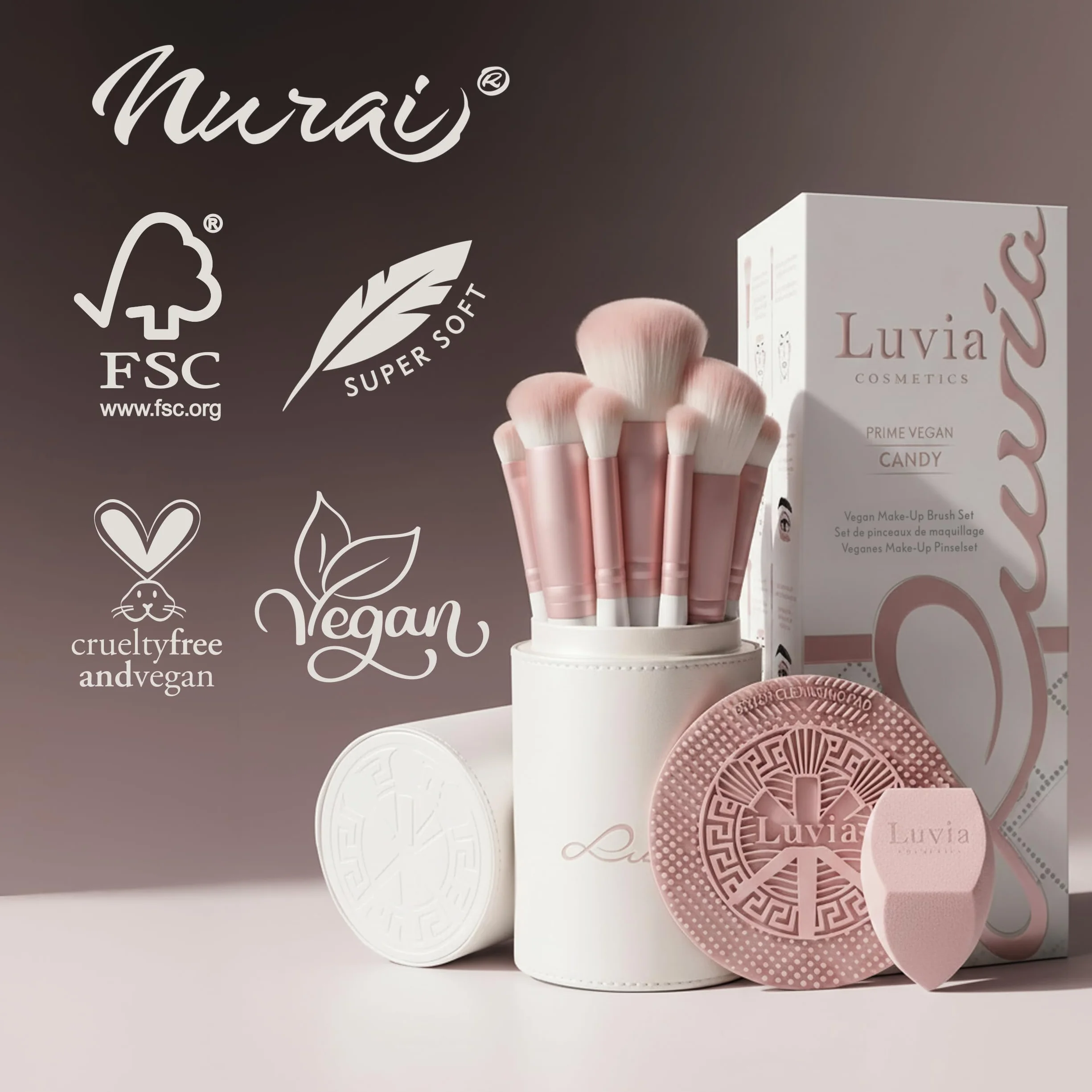 Zestaw pędzli do makijażu Luvia, Prime Vegan Pro - Candy, 7 pędzli do makijażu, w tym pojemnik na pędzle, gąbka do blendowania i mata do czyszczenia pędzli kosmetycznych, w kolorze perłowym i różowym