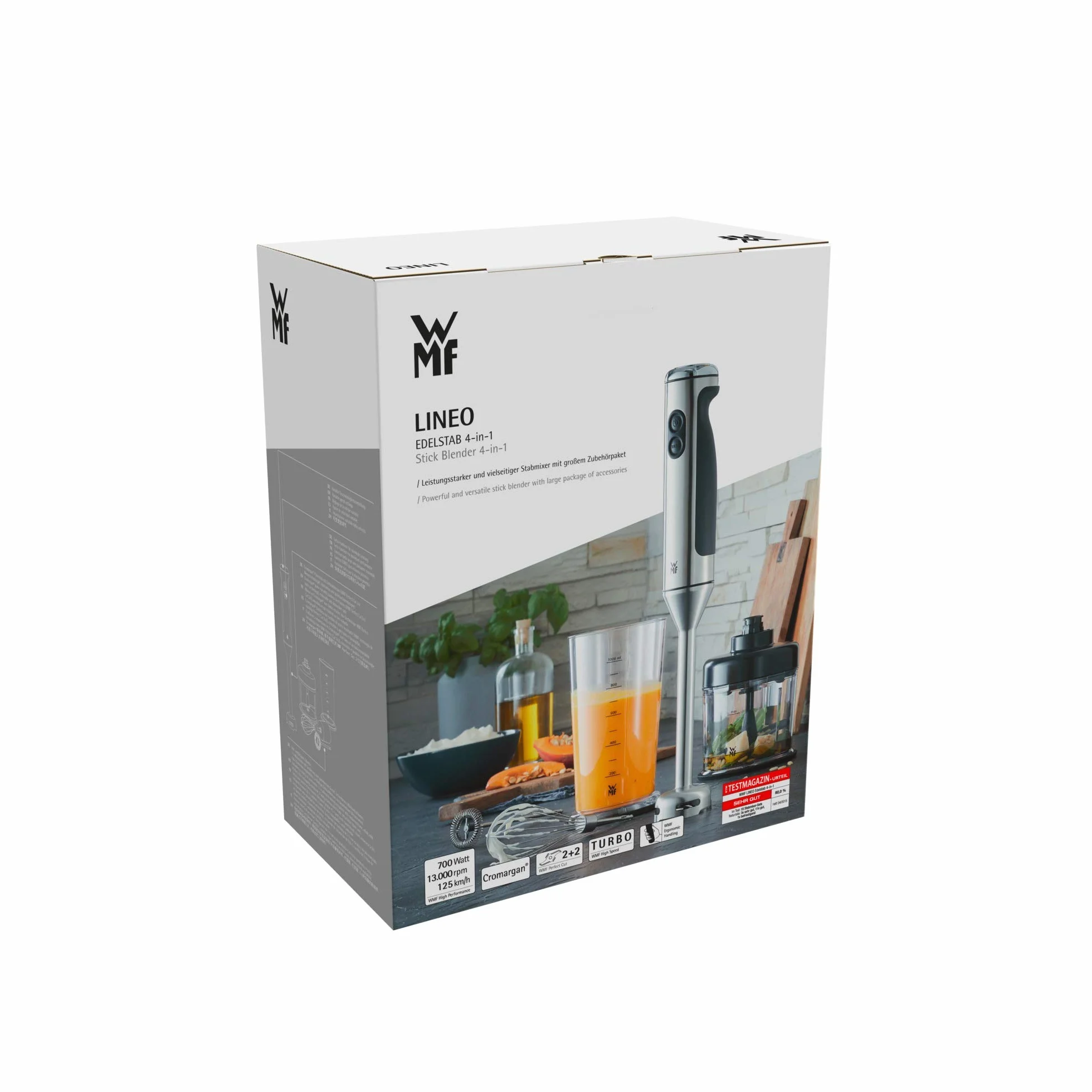 WMF Lineo 5-częściowy zestaw blenderów ręcznych, pałeczka do miksowania, trzepaczka, spieniacz do mleka, rozdrabniacz, 700 W, różdżka z pojemnikiem 1 l, stal nierdzewna matowa