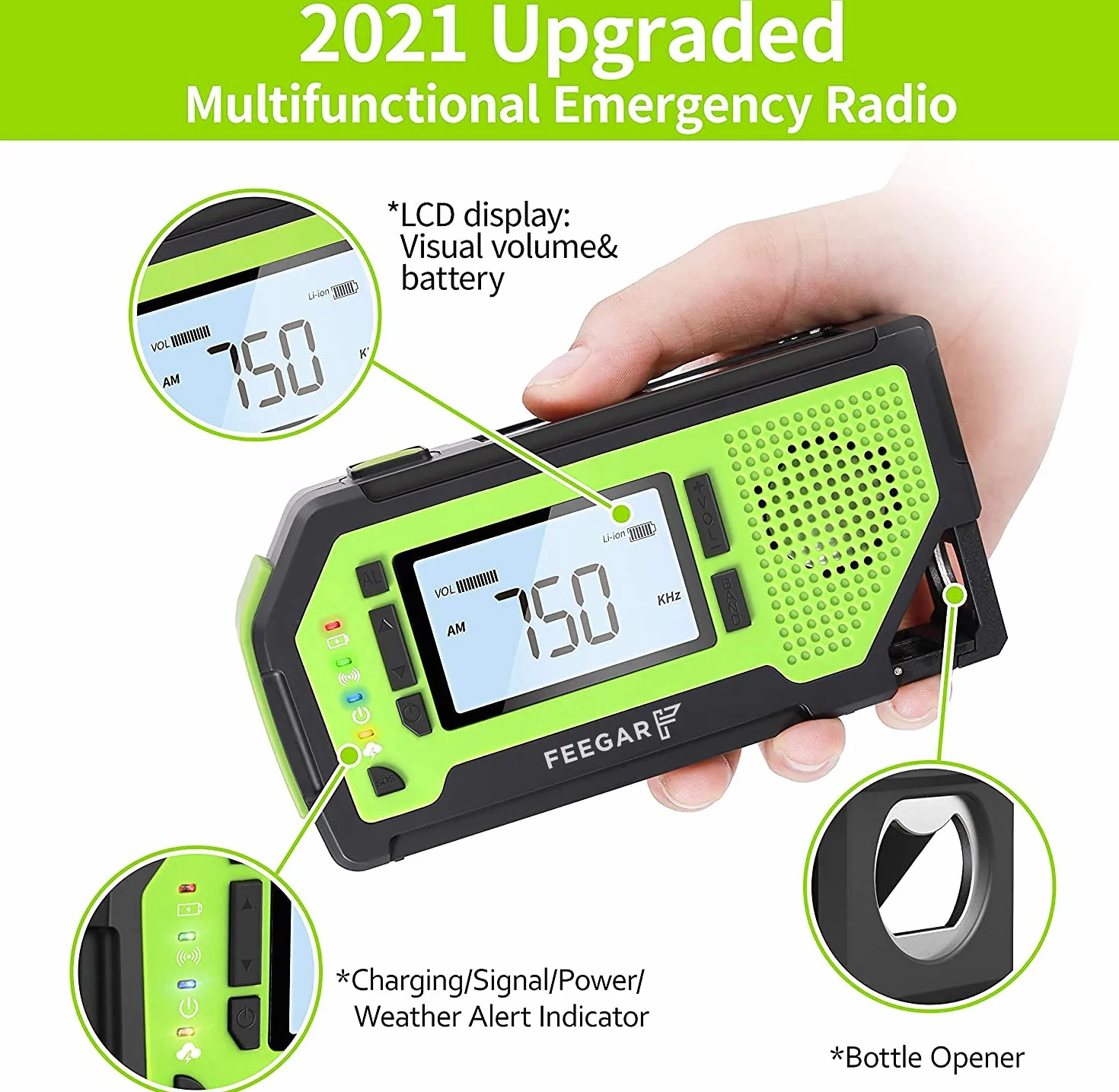 Radio z korbą Feegar Oze Pro na wypadek sytuacji awaryjnych, radio pogodowe AM/FM przenośne, survivalowe z latarką LED, powerbank 2000mAh, alarm SOS, USB, jack 3.5mm, otwieracz do butelek