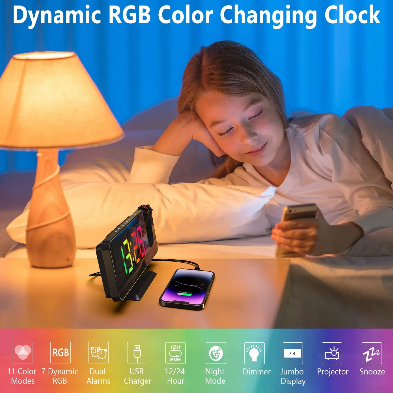 ThreeH Budzik z projektorem z 11 kolorami RGB, zmieniającym się lustrzanym wyświetlaczem LED, cyfrowy zegar z przyłączem USB do ładowania, funkcja drzemki, 6 regulowanych poziomów jasności, czarny
