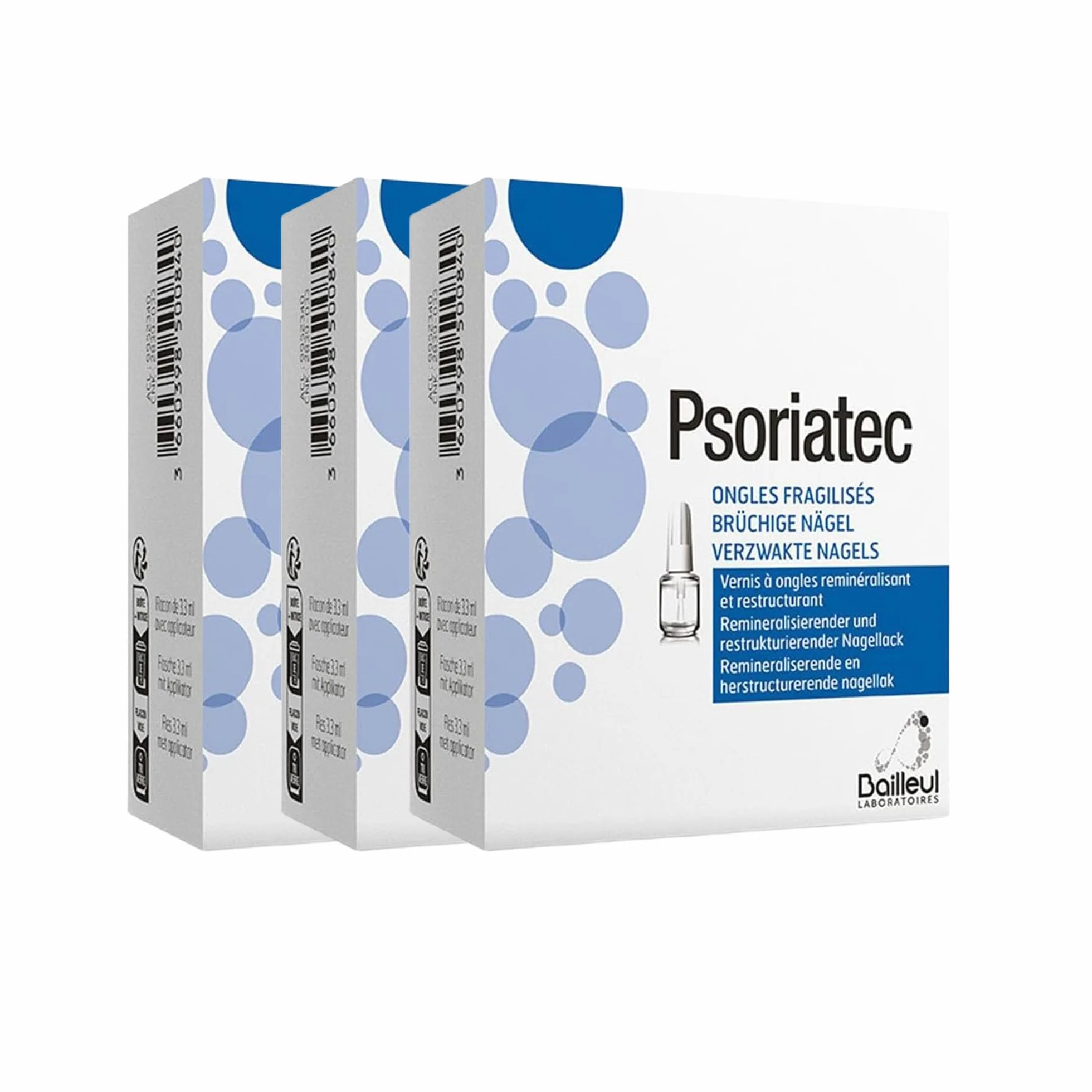 Bailleul Laboratoria | Psoriatec | Lakier do paznokci osłabionych paznokci | Restrukturyzacja i remineralizacja, chroni i wzmacnia paznokcie, rozpuszczalny w wodzie, usuwany wodą, 3 butelki 3,3 ml