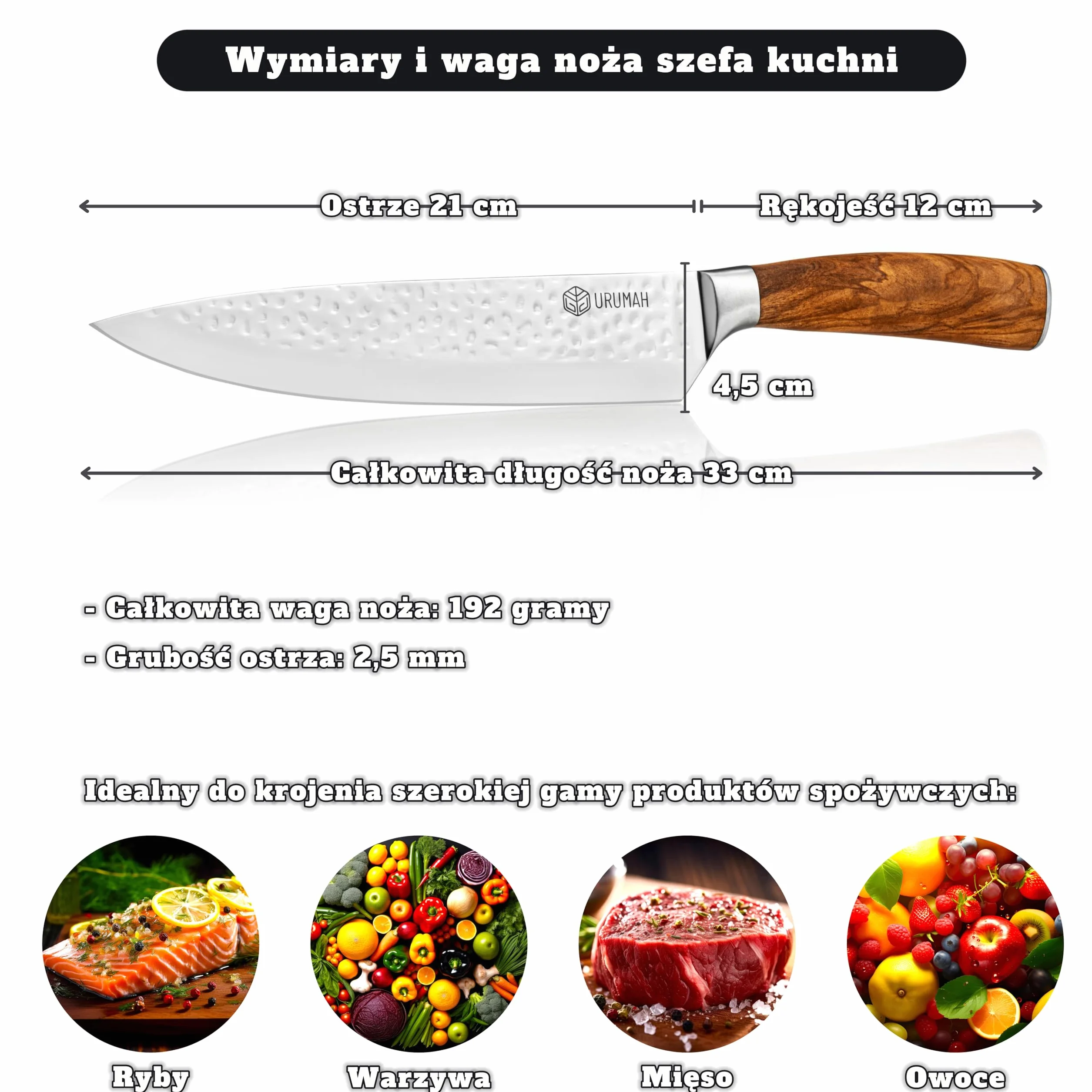 Nóż szefa kuchni 33 cm stal nierdzewna 7CR17MoV rękojeść drewno oliwne