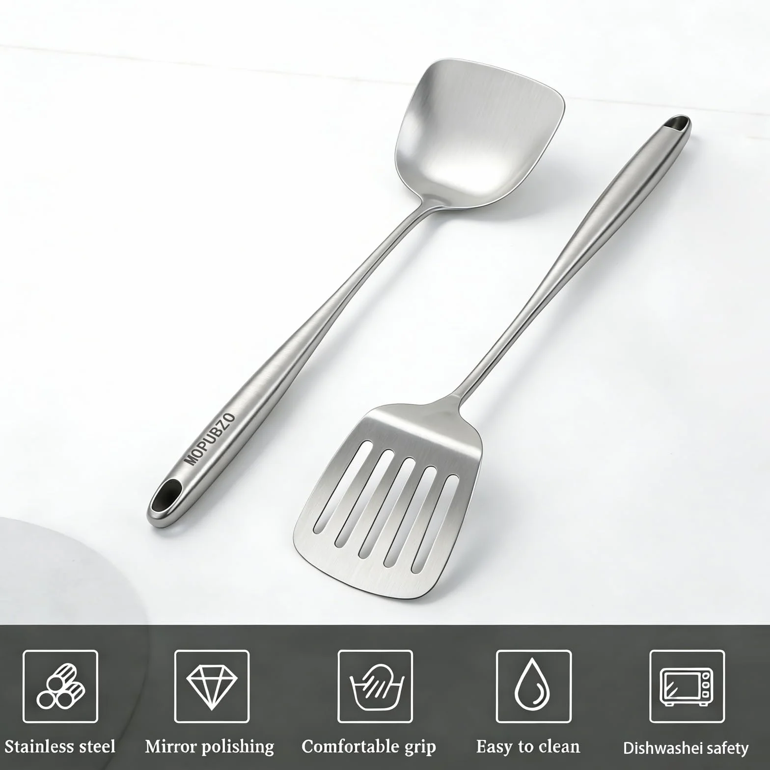 Zestaw 2 szpatułek ze stali nierdzewnej, łopatka do smażenia i z otworami, ergonomiczne uchwyty