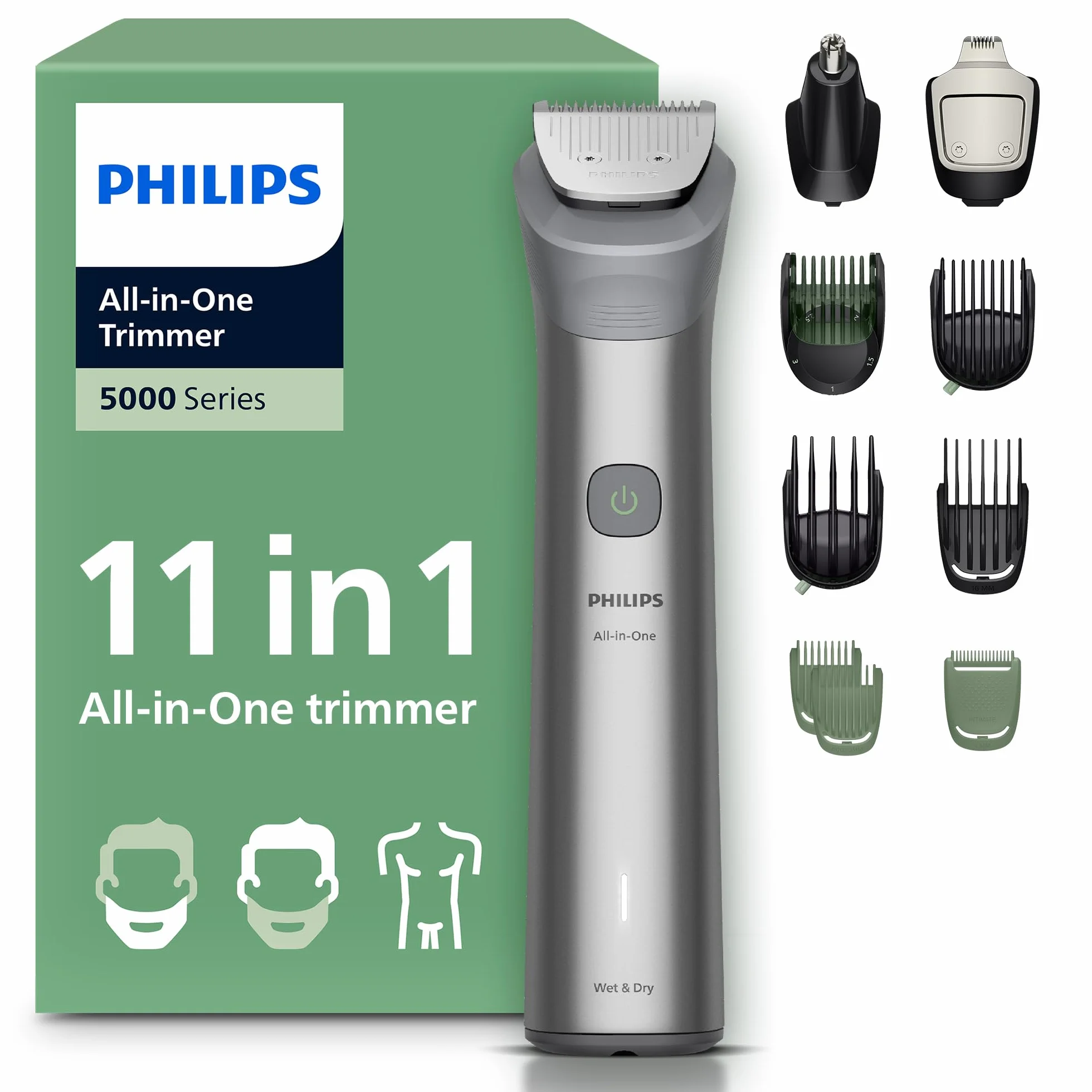 11-elementowy trymer Philips Multigroom All-in-One z serii 5000: trymer do twarzy, głowy i ciała, samoostrzące się metalowe ostrza, 17 ustawień długości (0,5-16 mm), model MG5951/15