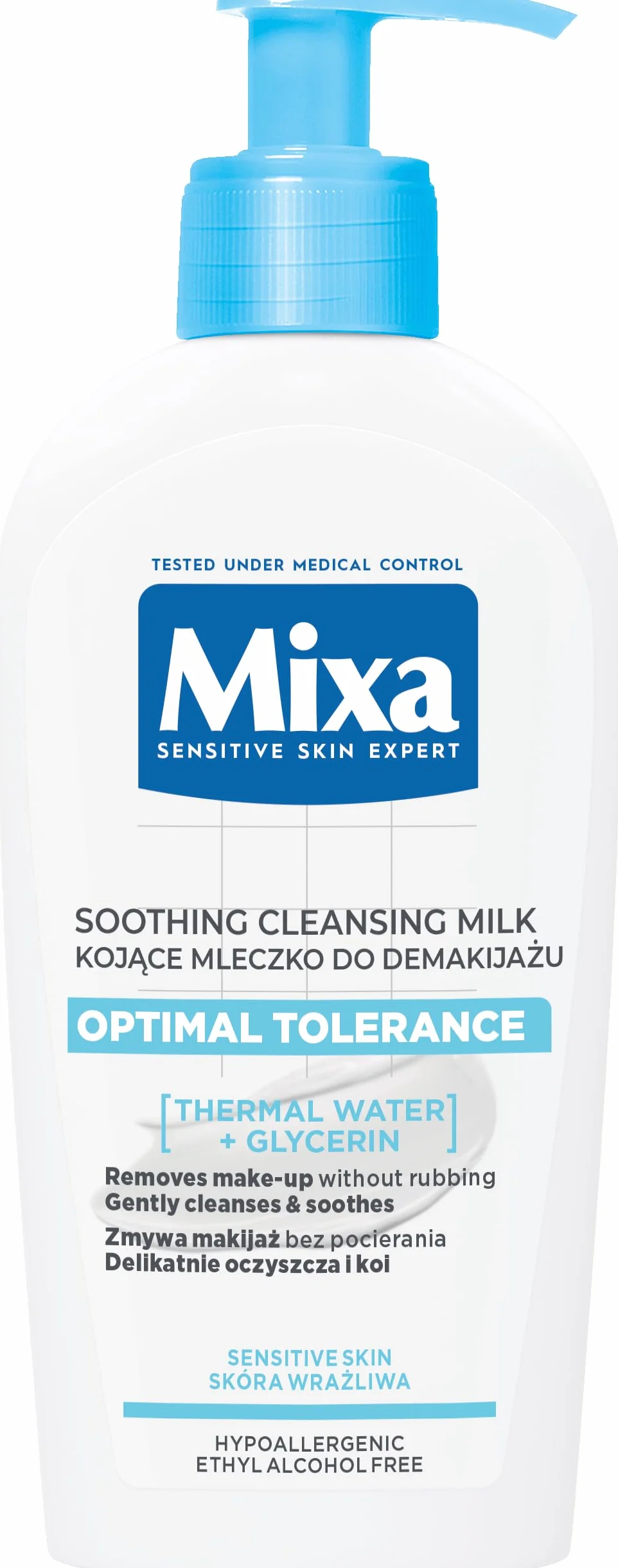 Mixa Mleczko do demakijażu Optymalna Tolerancja, lekka emulsja, bez pocierania, skóra wrażliwa, skłonna do reakcji alergicznych, 200 ml