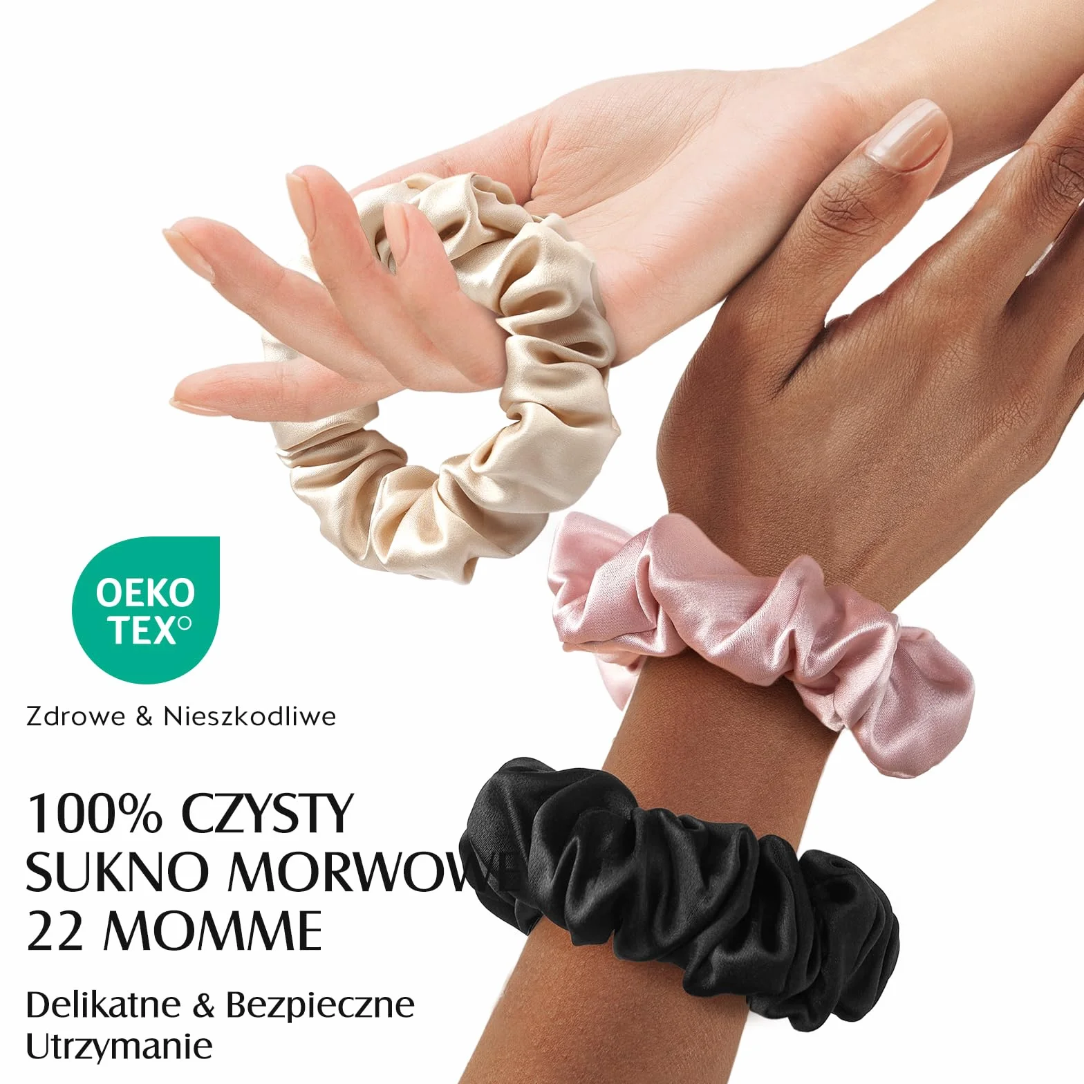 Umisleep 3-częściowy zestaw 100% Mulberry Silk Scrunchies dla kobiet, delikatne gumki do włosów dla mniej puszenia się włosów i łamania włosów, elastyczne gumki do włosów bez odcisków (różowe, czarne