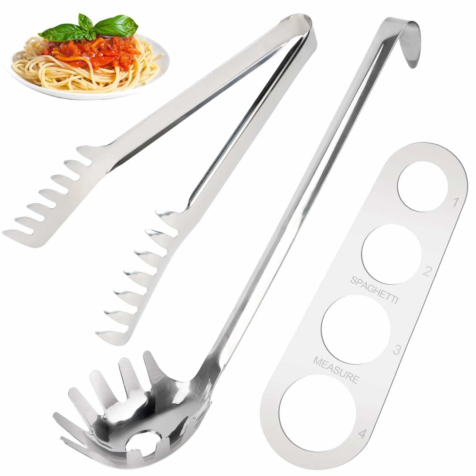Zestaw 3 łyżek do spaghetti zawiera szczypce do makaronu, chochlę do makaronu i porcjowanie spaghetti, szczypce do spaghetti z zębami, szczypce ze stali nierdzewnej, odpowiednie do pieczenia i