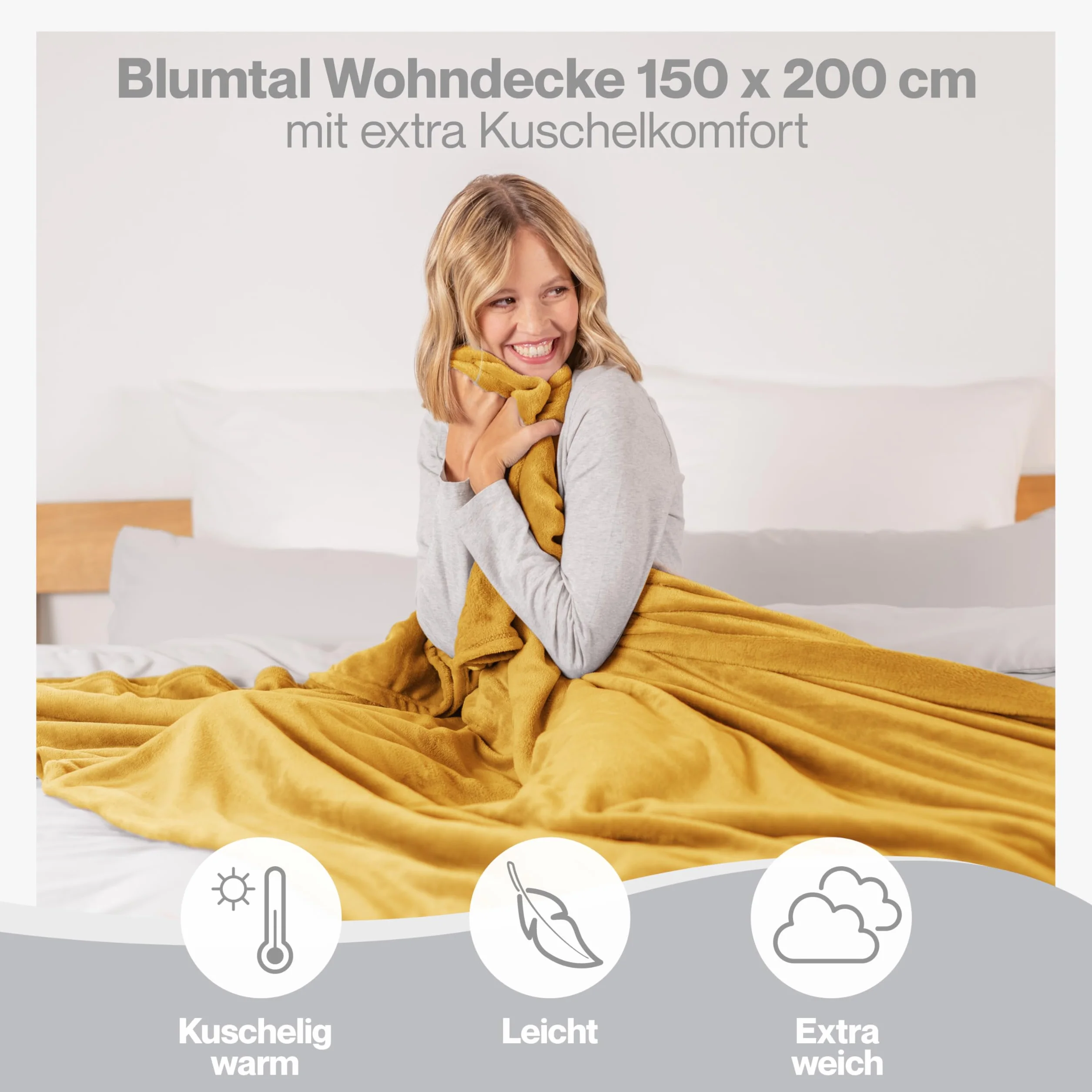 Blumtal puszysty koc - certyfikowany przez OEKO-TEX koc z mikrofibry 150x200 cm - miękki koc na kanapę - żółty koc 150x200 cm