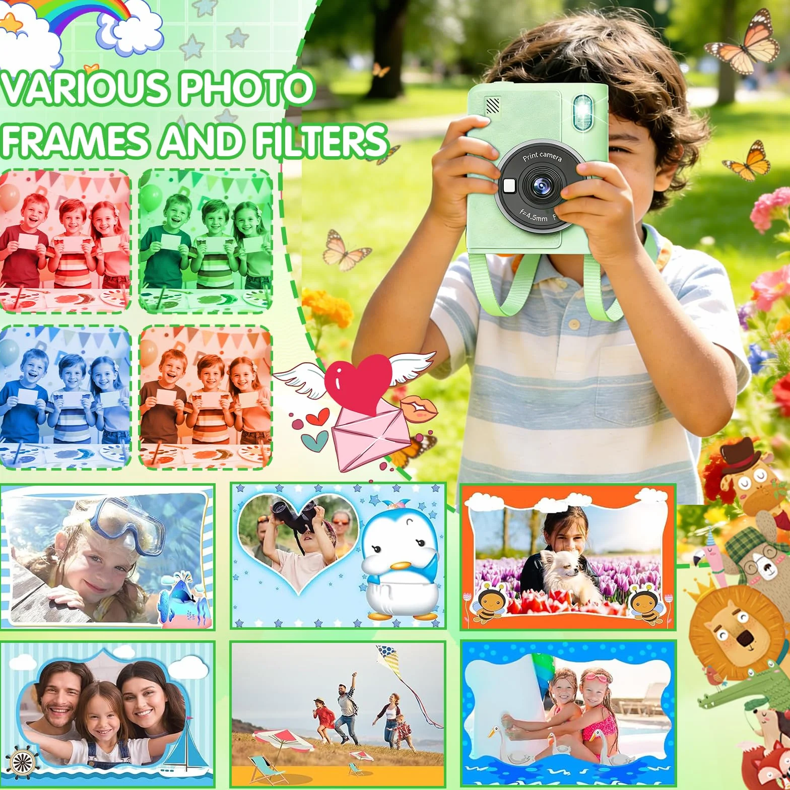 Aparat dla dzieci, natychmiastowy aparat fotograficzny z kartą 32 G i papierem fotograficznym, 2,4 cala, aparat cyfrowy 1080p HD, dla dzieci, zielony
