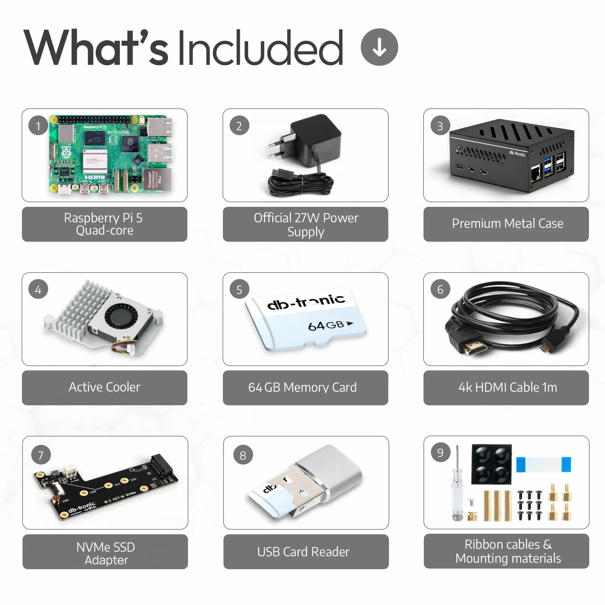 db-tronic NVMe Kit do Raspberry Pi 5 8 GB | Edycja 64 GB | Zasilacz 27 W | Metalowa obudowa | Aktywne chłodzenie | M.2 NVMe PCIe SSD | Micro HDMI 4K | idealny do Home Assistant i smart home