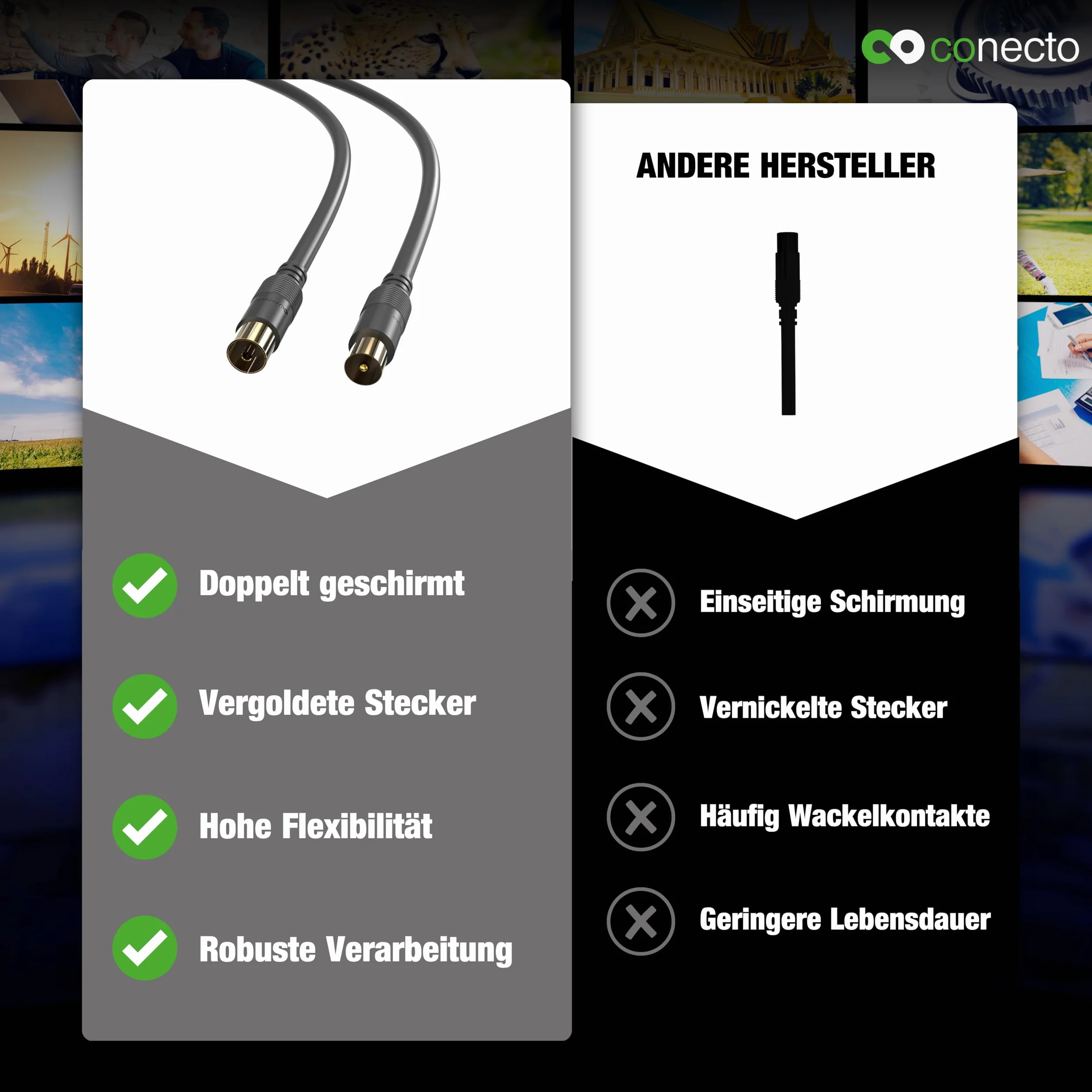 conecto Kabel antenowy SAT Kabel koncentryczny, 2,00 m, podwójny ekranowany kabel satelitarny, złącze IEC do złącza IEC żeńskie, do HDTV, odbiornika, satelity, DAB, radia, czarny