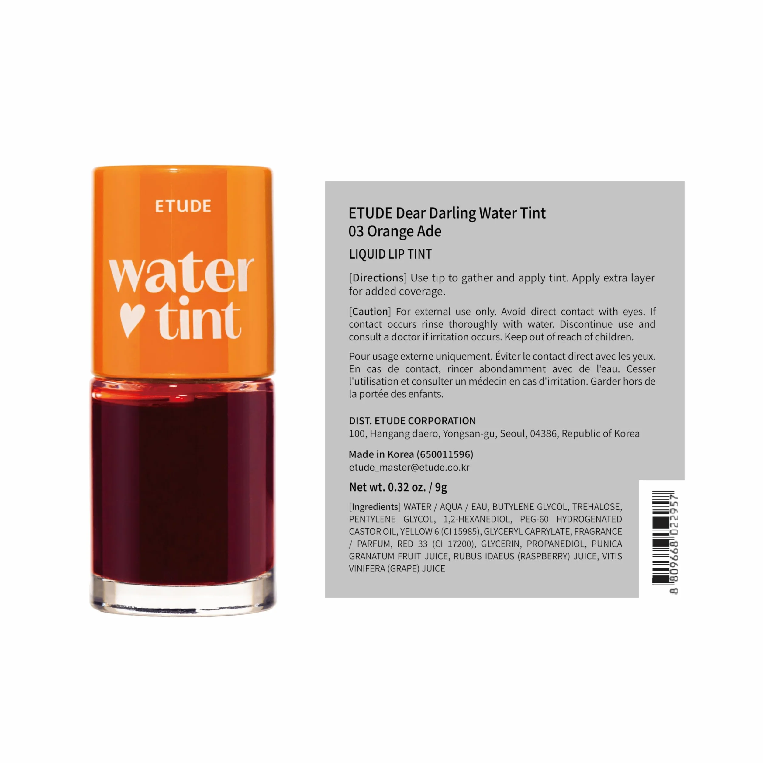 Etude House Dear Darling Water Tint Orange Ade (21AD) | Żywe kolorowe plamy do ust z nawilżającym, nieważkim i nieprzylepnym wykończeniem, odporne na rozmazywanie i lekki odcień ust | K-beauty