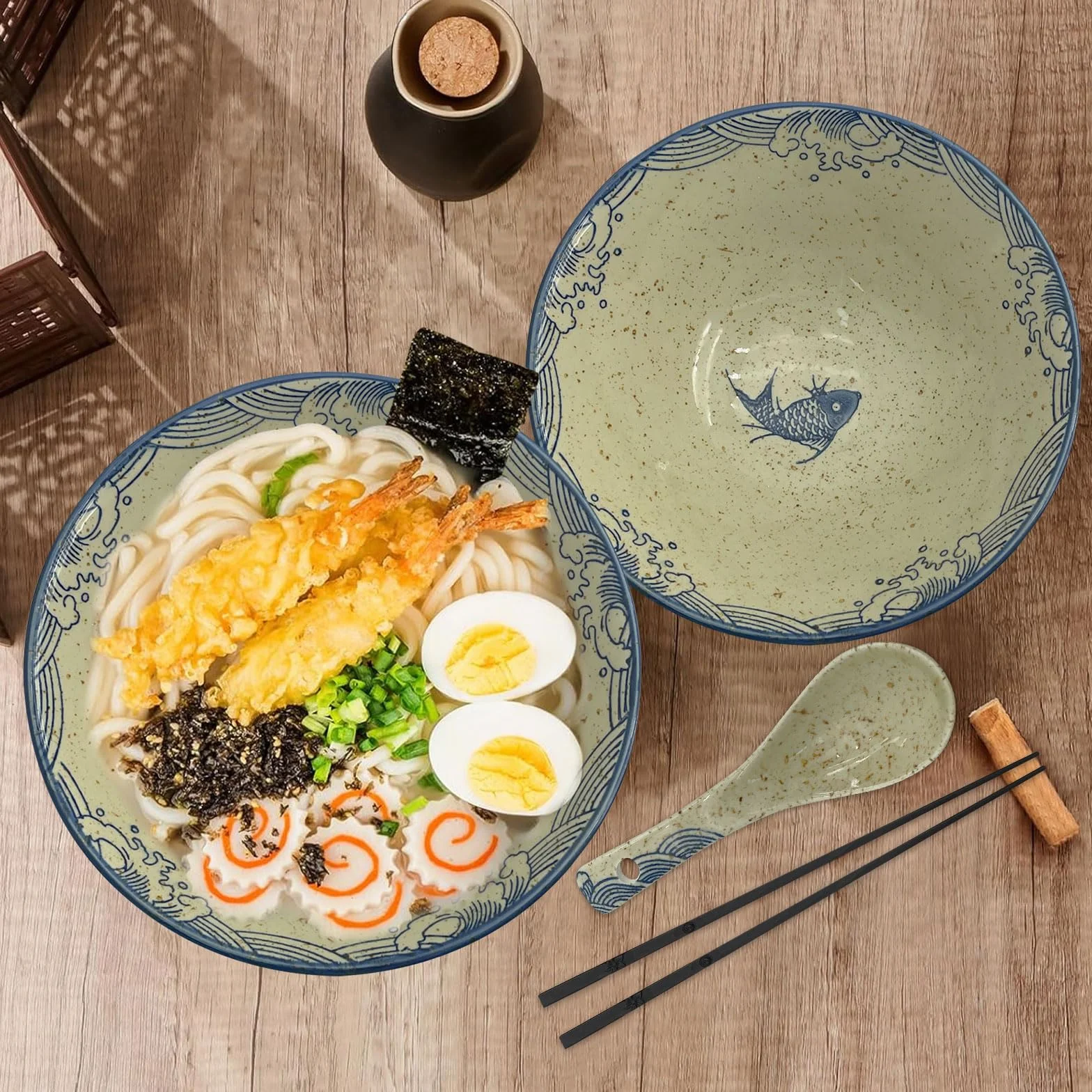 Ramen Ceramiczna Miska 2 x 1200 ml z Pałeczkami i Łyżeczkami - 2 Zestawy Japońskich Misek do Zupy