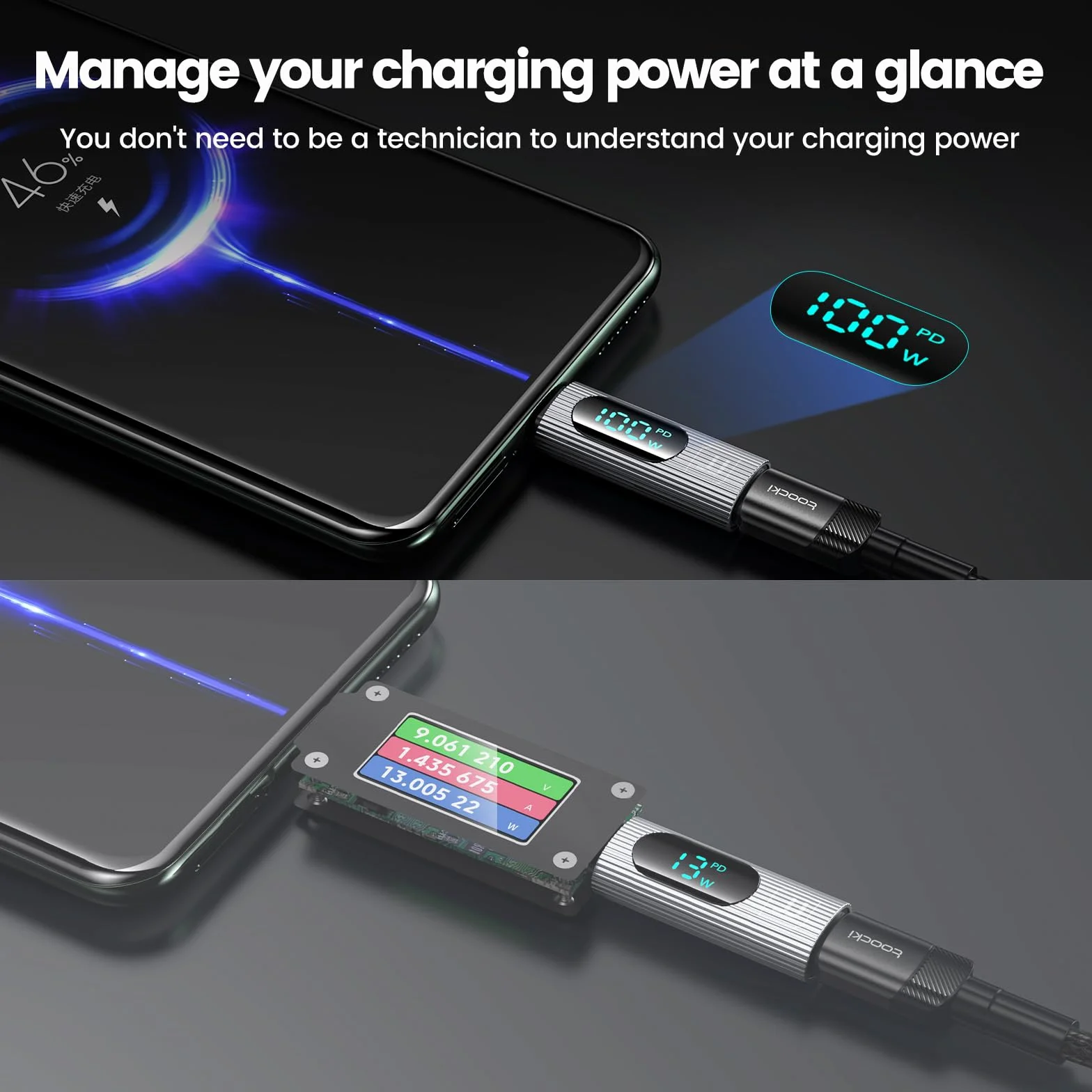 Adapter USB C, 2szt. 100W USB C żeński na USB C męski Adapter przedłużający Typ C Tester miernika mocy z cyfrowym wyświetlaczem do iPada Pro iPhone15Pro Max/MacBook Pro (Srebrny)